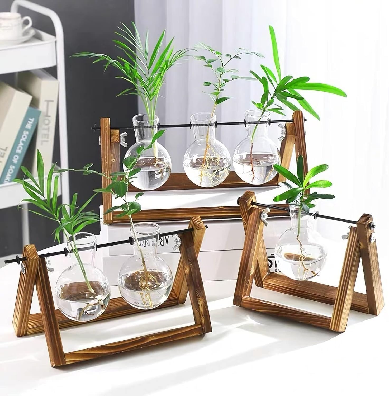 Cozioz Retro Wooden Stand Plant Propagation Station with 3 Glass Vases &ndash; Desktop Terrarium Planter for Hydroponics, Ideal for Indoor Office, Home Decor, and Gifts for Plant Lovers image number 4