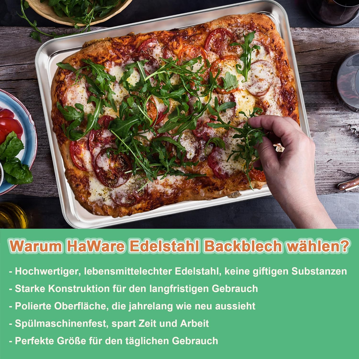 Haware Baking Tray, Set of 2, Stainless Steel Cake Tray, Oven Tray, Rectangular Grease Pan for Baking, Roasting, Serving, 31.6 X 24.6 X 2.5 Cm, Non-Toxic & Healthy, Rustproof & Dishwasher Safe image number 1