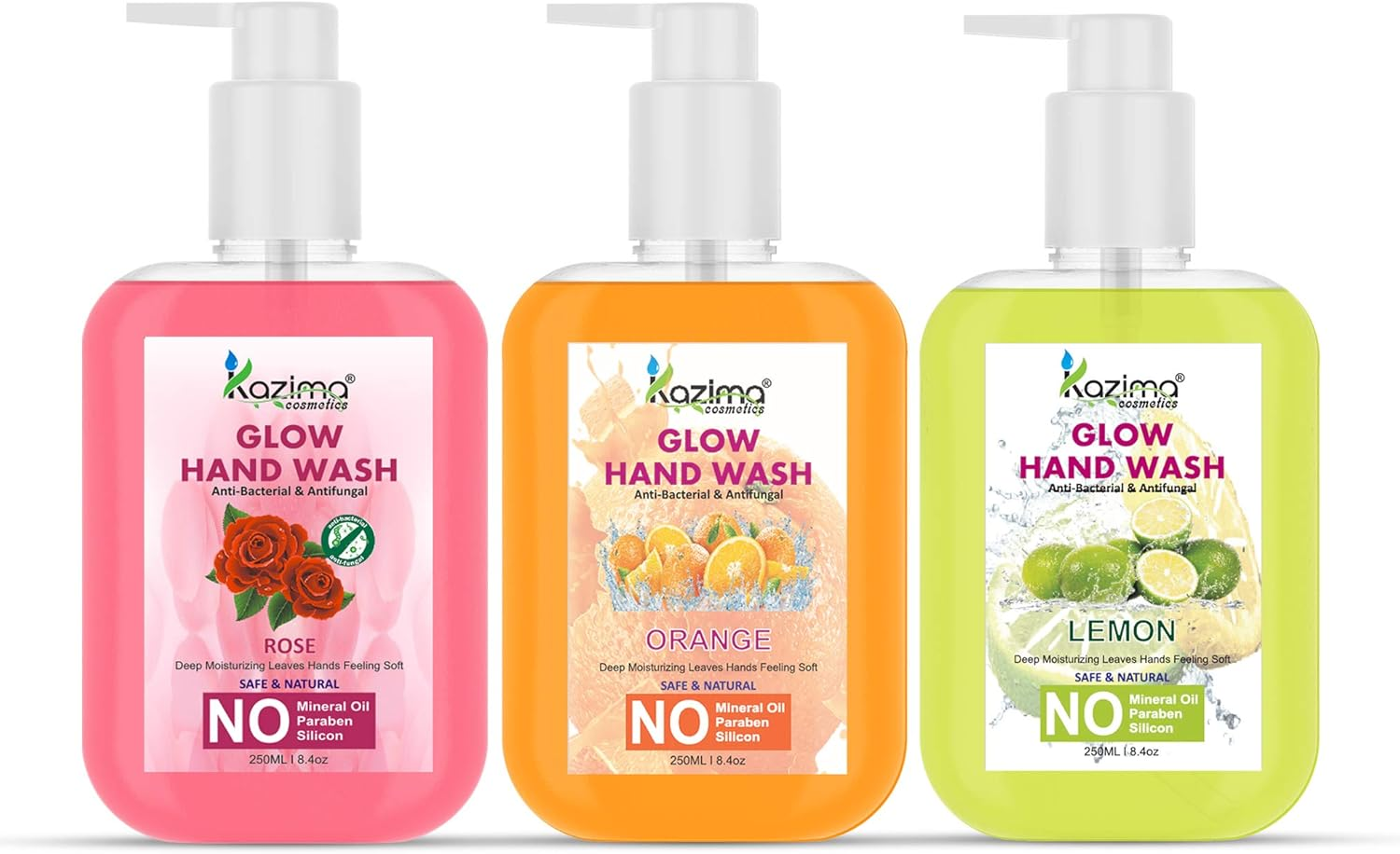 KAZIMA Glow Handwash Germ Protection Liquid Soap Lemon, Rose, Orange (250Ml Each, Combo of 3) image number 2