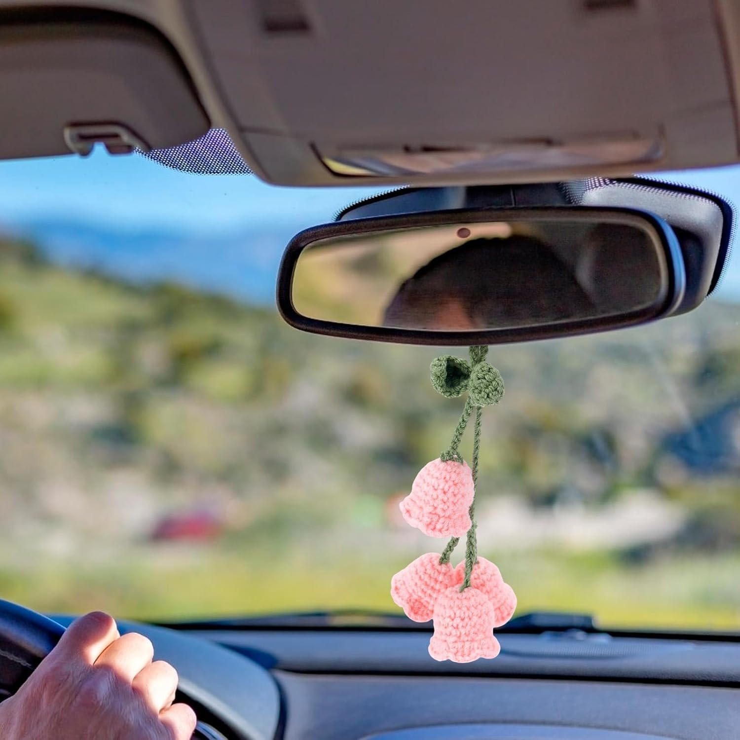 2Pcs Crochet Lily of the Valley Car Accessories, Cute Floral Rear View Mirror Hanging Decor Knitted Pendant for Women Perfect for Personalizing Your Car Interior (Pink) image number 3
