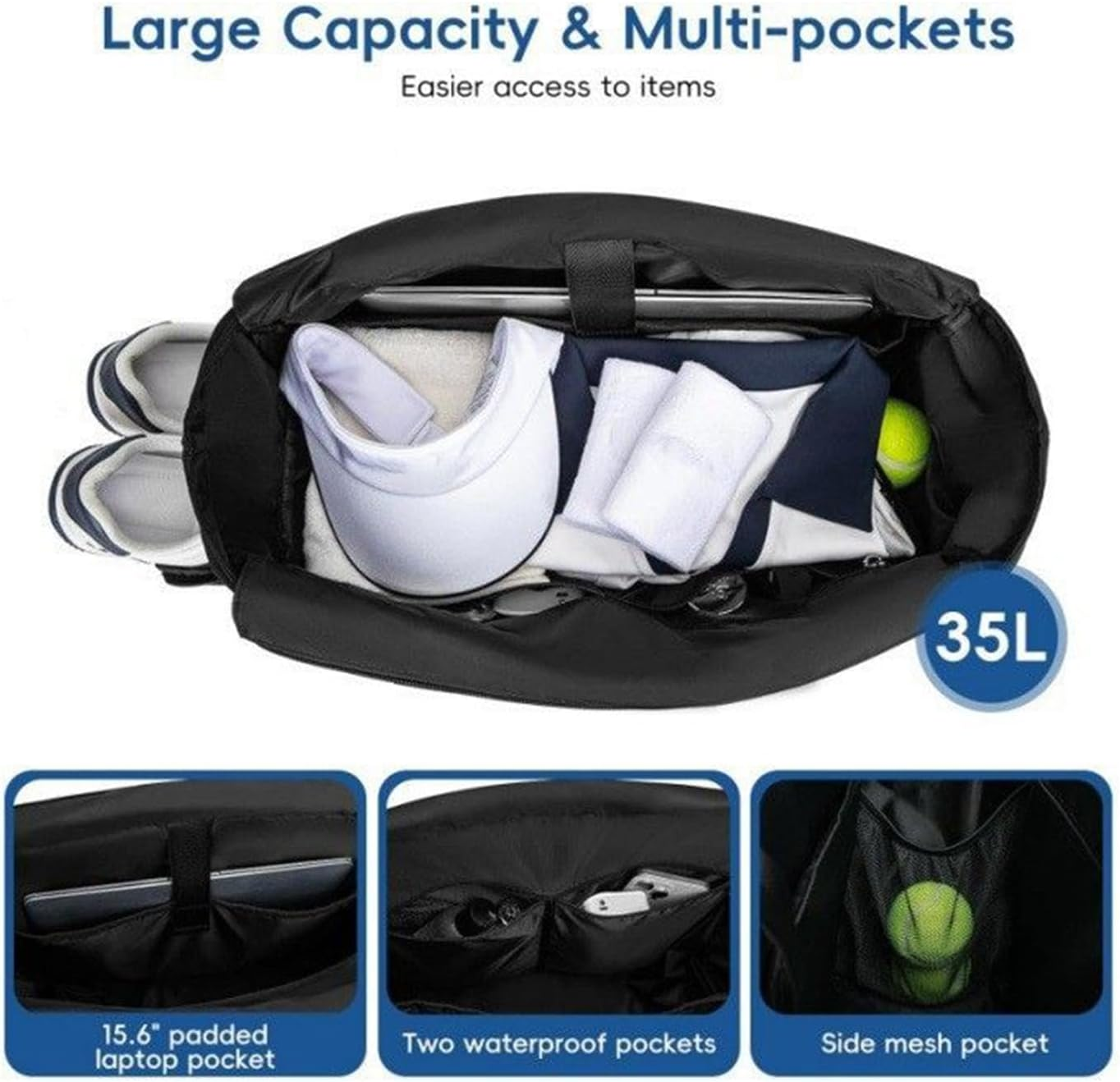 Tennis Tote Bag - 17.32 Inches Large Gym Bag for 2 Rackets, Sports Storage with Shoe Compartment and Wet Pocket, Travel Fitness for Daily Workout Weekend Training Outdoor Activities image number 3