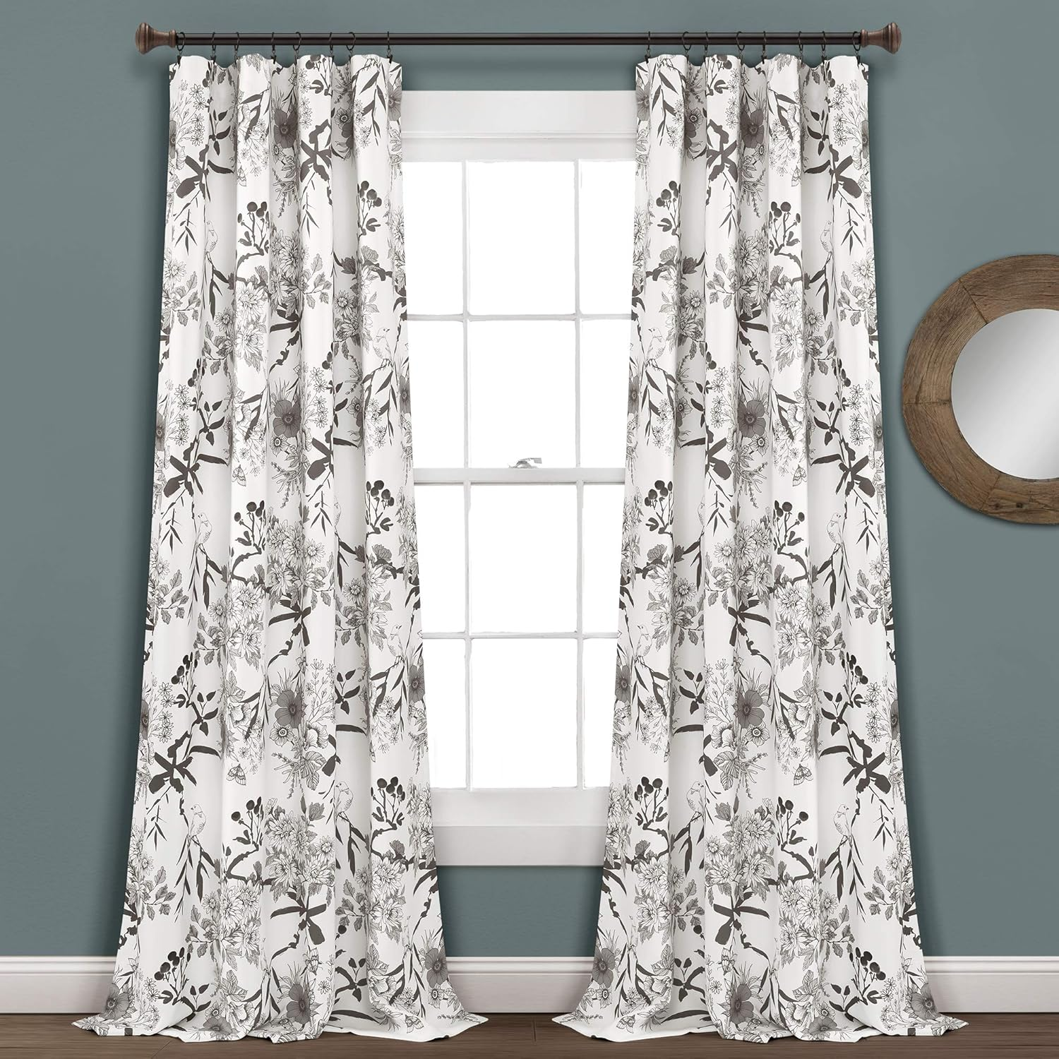 Lush Decor Botanical Garden Curtains Floral Bird Print Room Darkening Window Panel Drapes Set for Living, Dining, Bedroom (Pair), Gray & White, 52" W X 95L