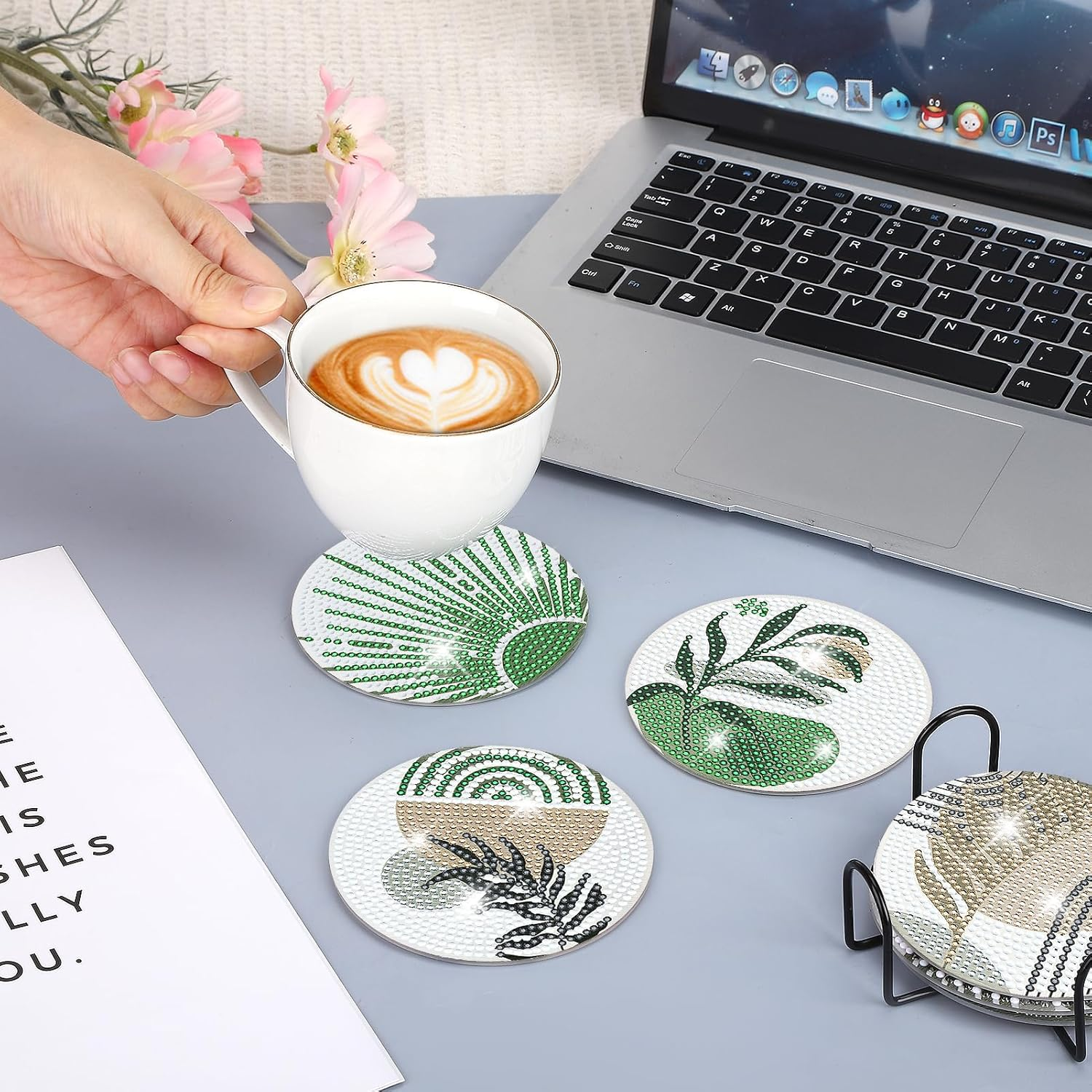 Ovveroche 8 Pcs Diamond Art Painting Coasters with Holder, Diamond Art Coasters Abstract Diamond Art Kits for Adults Beginner Craft Supplies image number 2