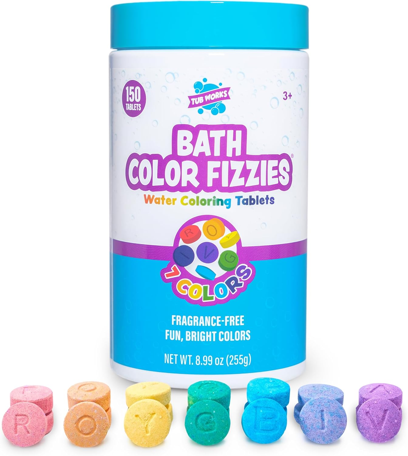Tub Works&reg; Bath Colour Fizzies, 150 Count | Nontoxic & Fragrance-Free | Fizzy, Bath Colour Tablets for Kids | Create Fun Bath Colours | Water Tablets in 7 Colours for Variety | Bath Bombs for Kids Bath