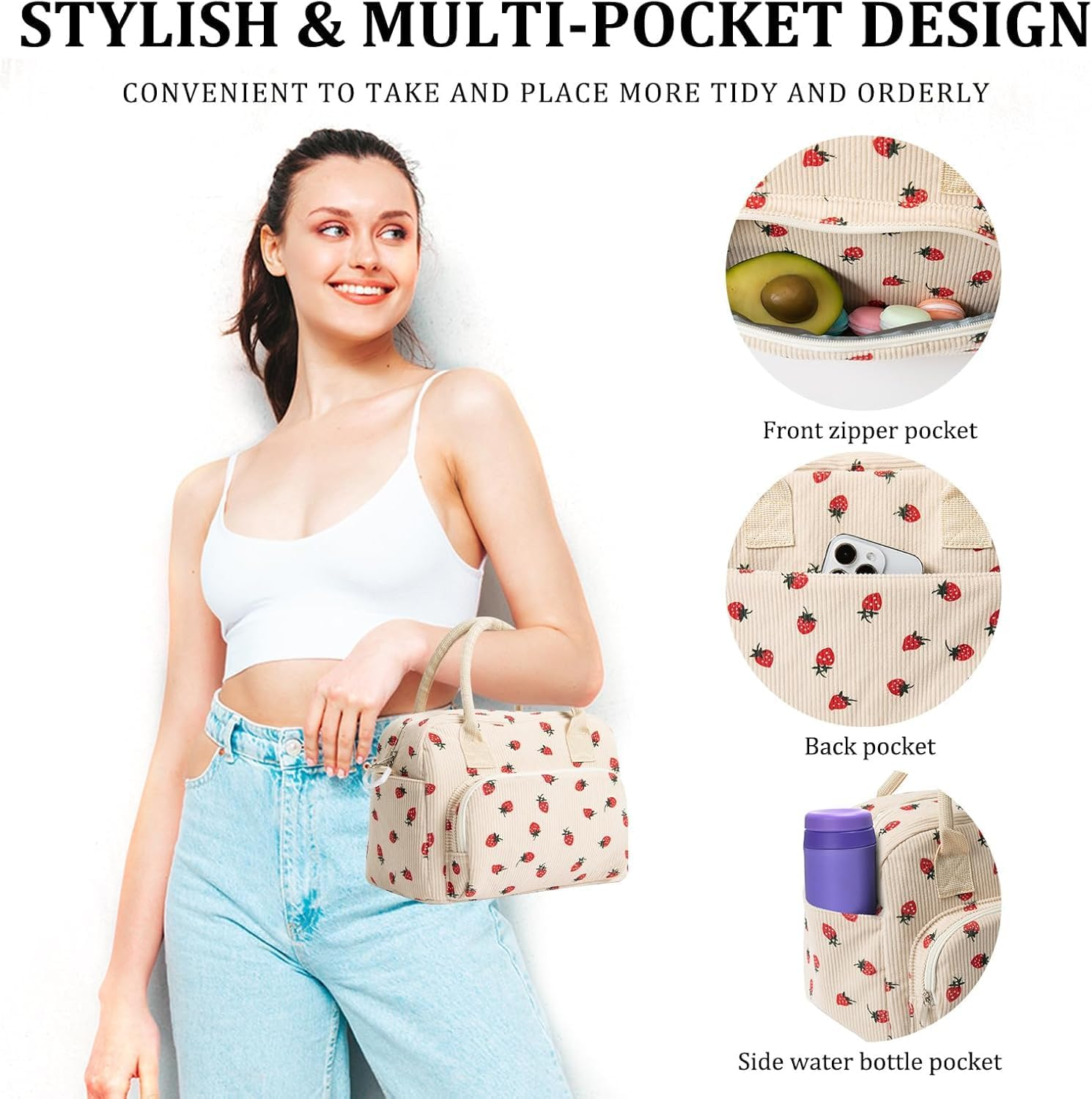 Insulated Lunch Bag for Women with Strawberry Print, Large Reusable Lunch Box Tote with Adjustable Shoulder Strap, Leakproof & Thermal, Work or Picnic Bag image number 5