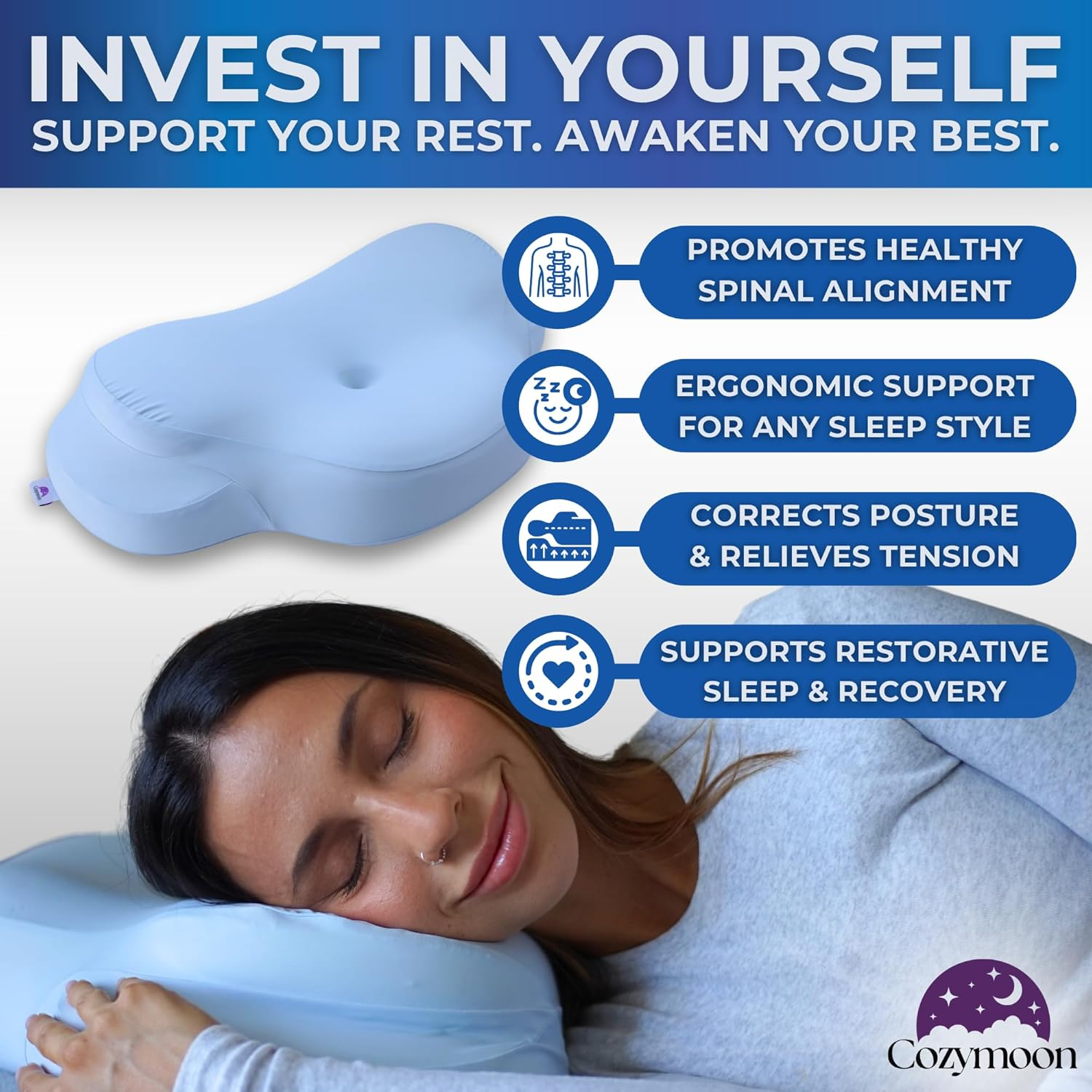 COZYMOON Ergonomic Contour Memory Foam Pillow - Cervical Pillow for Sleeping Neck & Back Support for Pain Relief, Orthopedic Bed Pillow for Back, Side & Stomach Sleeper with 2 Removable Pillowcases