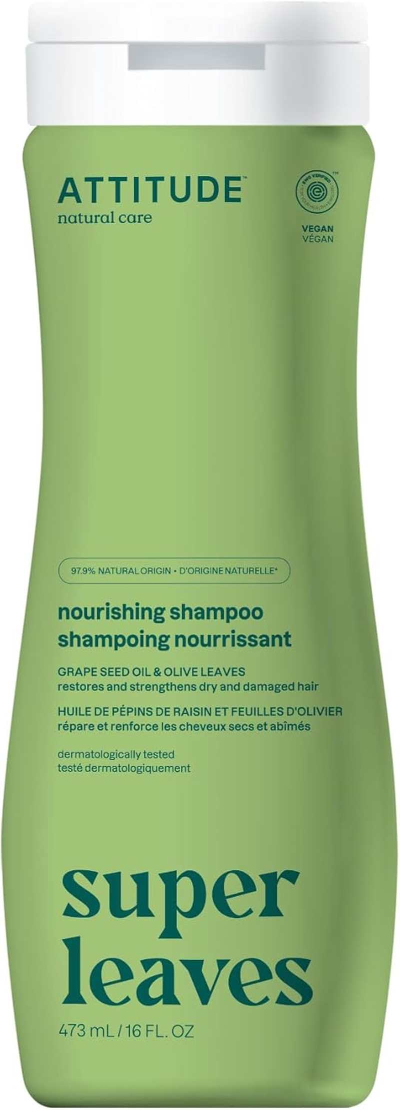 ATTITUDE Nourishing Hair Shampoo, EWG Verified, for Dry and Damaged Hair, Naturally Derived Ingredients, Vegan and Plant Based, Grapeseed Oil and Olive Leaves, 16 Fl Oz image number 1