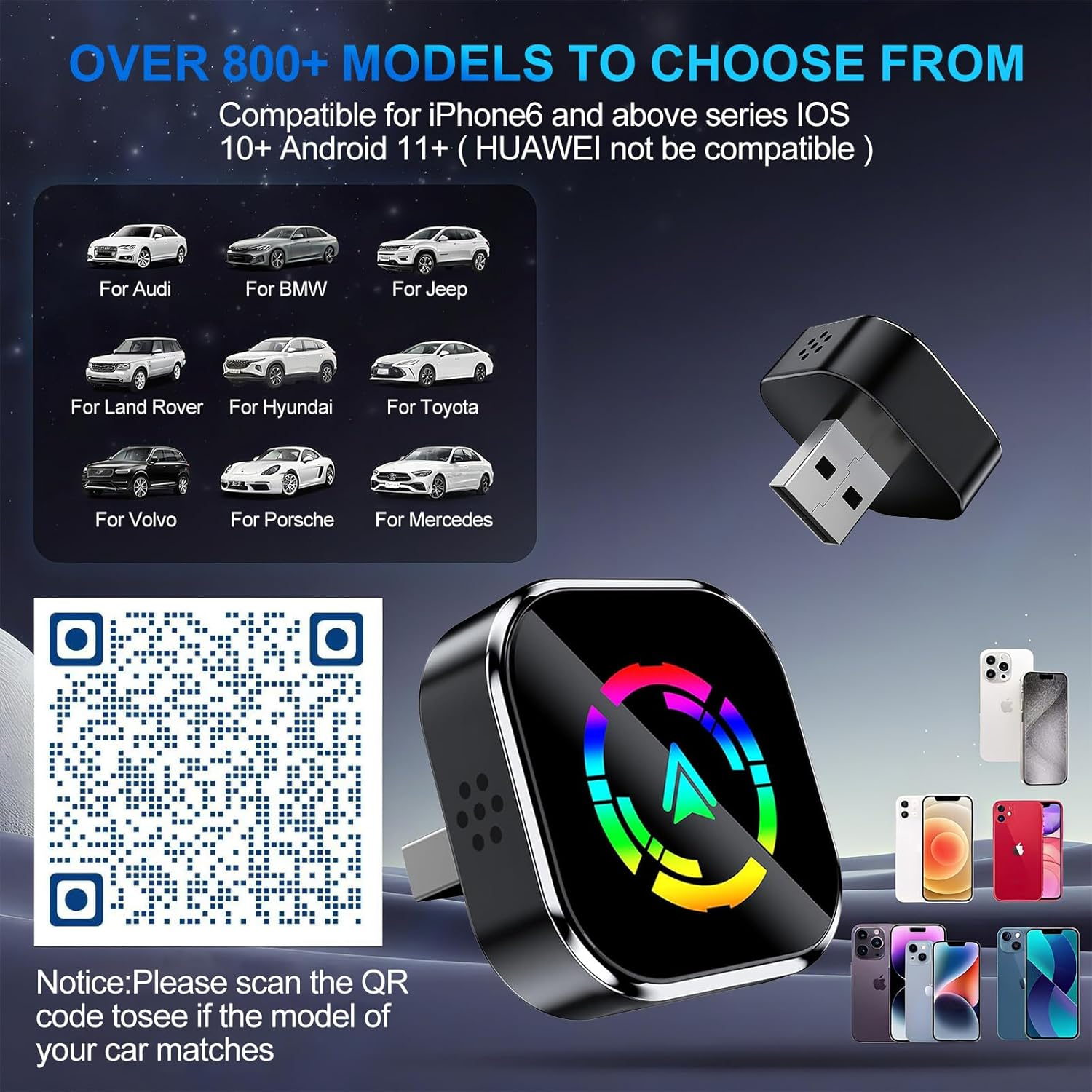 Wireless Carplay Adapter Wired to Wireless with Extension Usb-C/Type-C, Mini USB Design for Apple Carplay Android Auto, Plug & Play Auto Fast Stable Connect Car Play for Iphone Android, 2017+ Cars image number 3