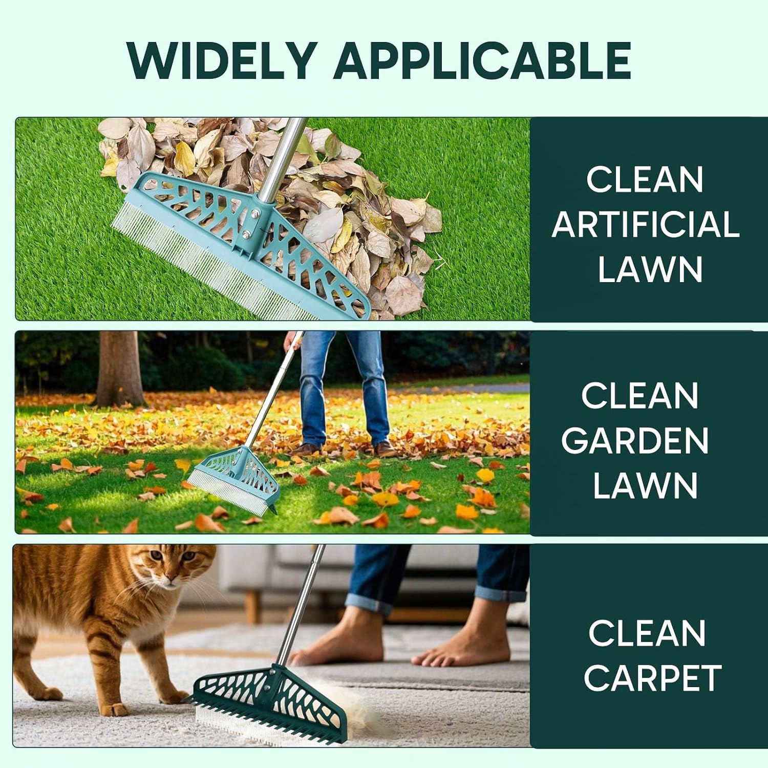 Artificial Rake, Double Sided Garden Hand Broom Rake Stainless Steel Long Pole Leaves Rake16 Inch Wide for Garden Grass Clean Lawn Artificial Turf Patios Carpets Pet Hairs Cleaner image number 4