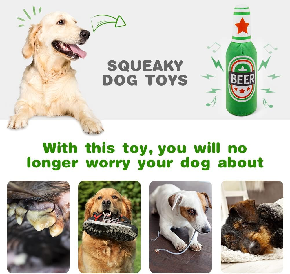 Vsshe Beer Bottle Plush Toys, 1 Pack Pet Plush Squeaky Dog Toy, Champagne Shape Dog Squeaky Chew Toys, Interactive Safe Doll Game Dogs Birthday Toys for Small, Medium, Large Dogs and Other Pets, Green image number 4