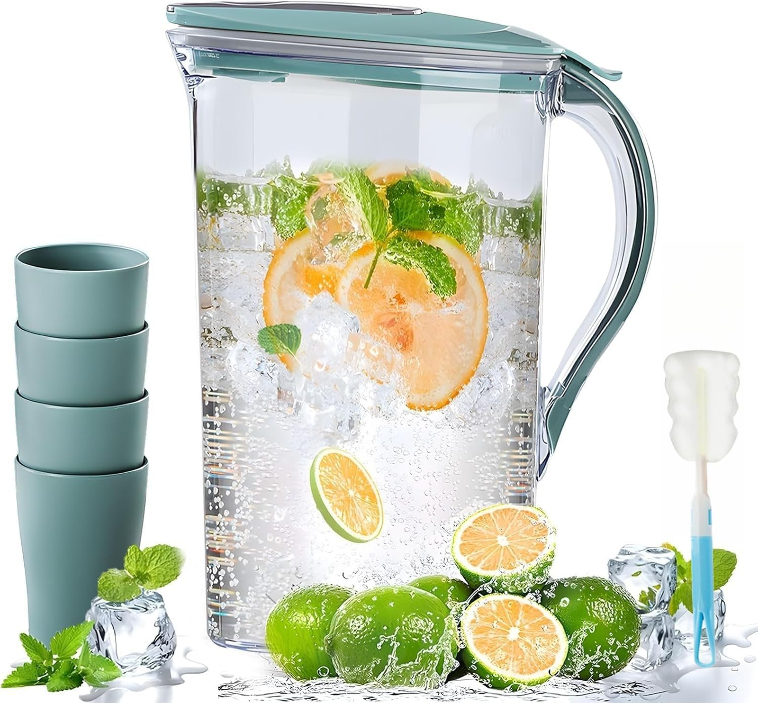 Water Jug Set &ndash; 2.1L/70Oz Bpa-Free Fridge Pitcher Set with 4 Cups & Cleaning Brush | Slim Space-Saving Jug for Juice, Cold Drinks, Tea & Milk image number 3