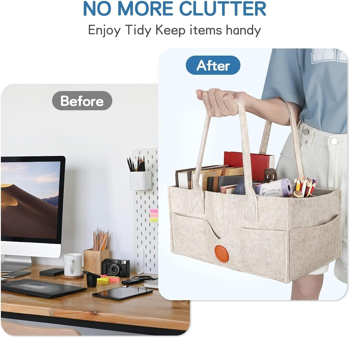 Baby Diaper Caddy Organizer, Nappy Caddy Organiser, Felt Cloth Multi Pocket Storage Bin Basket with Handle for Indoor Outdoor (Grey) image number 5