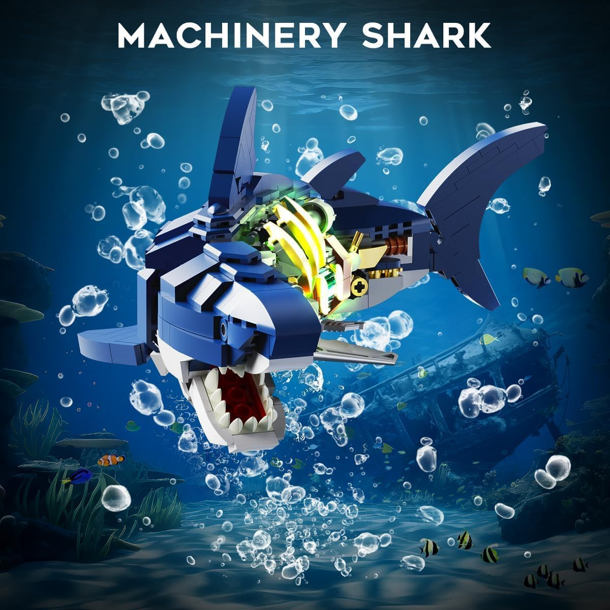 Blue Mechanical Shark Sea Creature Building Set, Ideas Marine Animal with Display Stand and Lights, STEM Toys for Ocean Lovers, Home Office Decor, Gifts for Adults Teens Kids Ages 8+(687PCS) image number 6