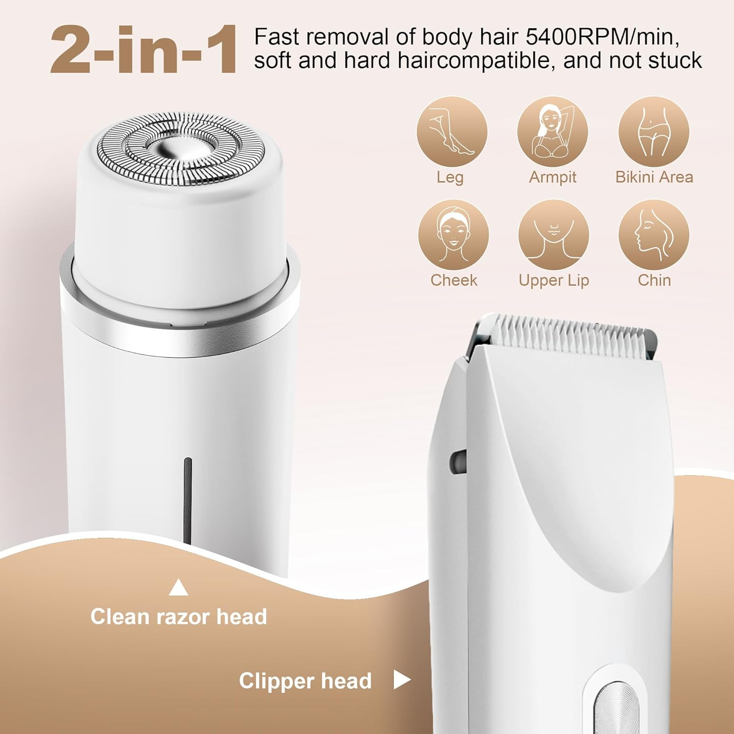 Electric Lady Shaver, 2-In-1 Rechargeable, IPX7 Waterproof, Wet & Dry, Double Head,For Bikini Underarms Legs Arms Body Face (White) image number 3