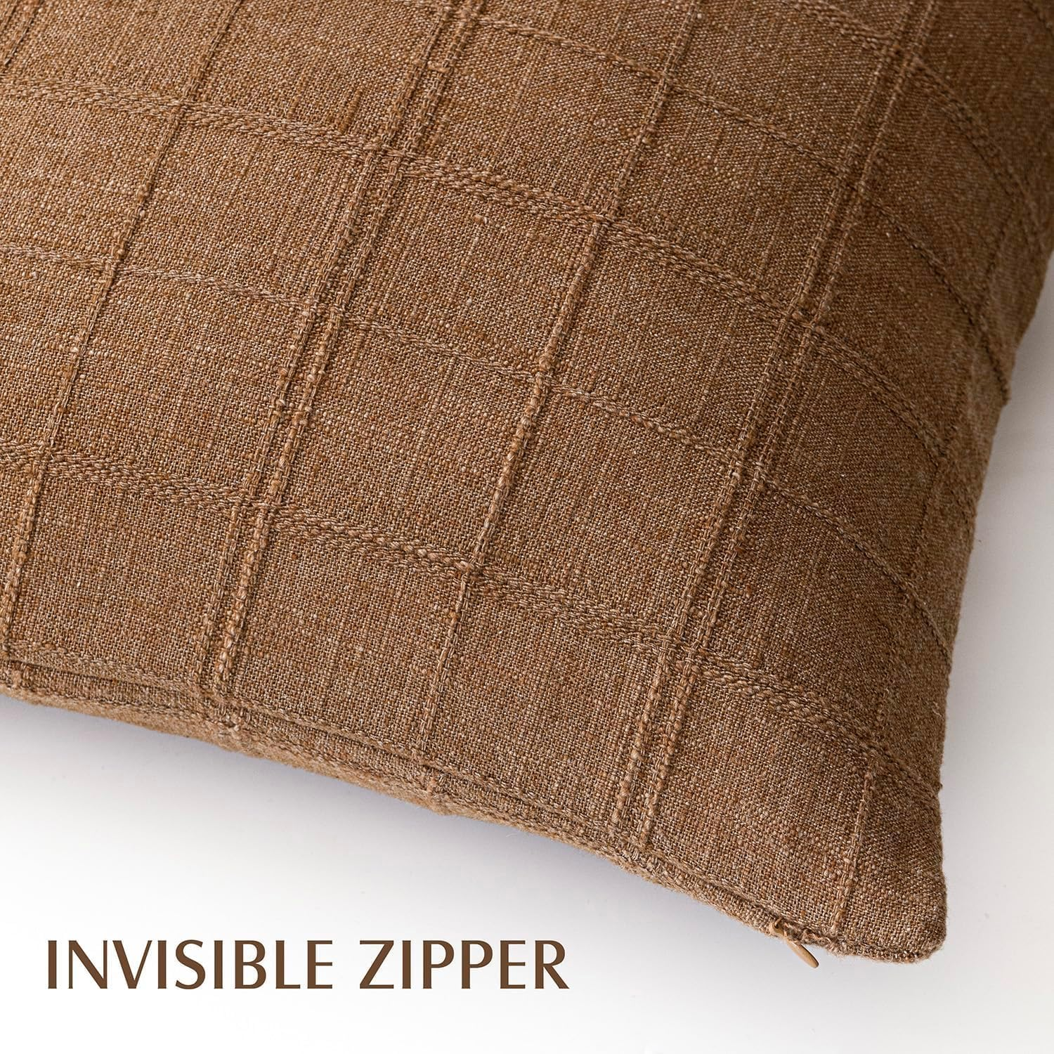Throw Pillow Covers 20X20 Inch - Brown Linen Plaid Checkered Decorative Pillow Covers for Couch, Bedroom, Sofa - Neutral Rustic Farmhouse Boho Organic Modern Home Decor (Set of 2) image number 3