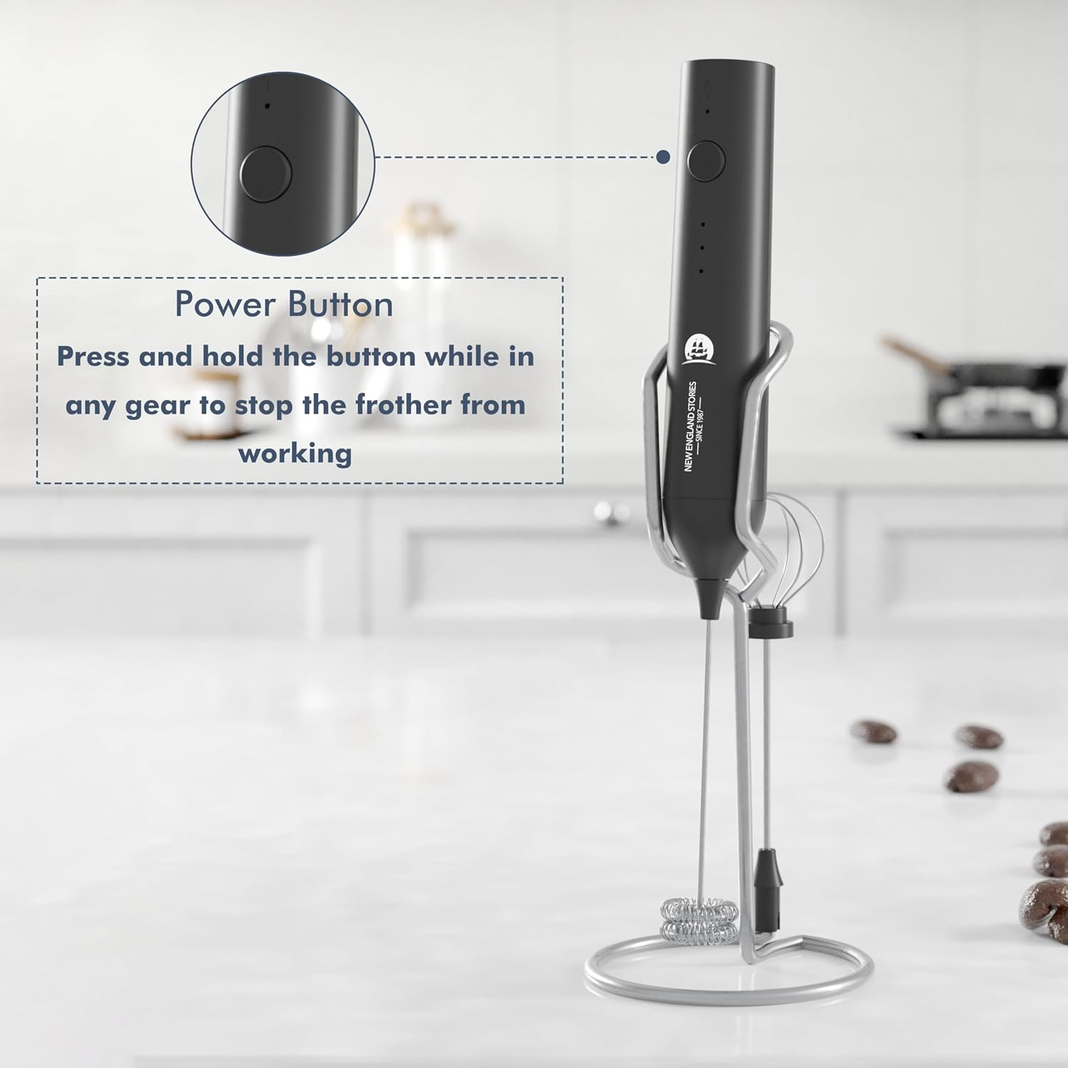 Rechargeable Mlik Frother Wand with Stand, Foam Maker with Stainless Whisk, 3-Speeds Electric Handheld Drink Mixer for Coffee, Cappuccino, Latte, Matcha, Hot Chocolate (Black) image number 4