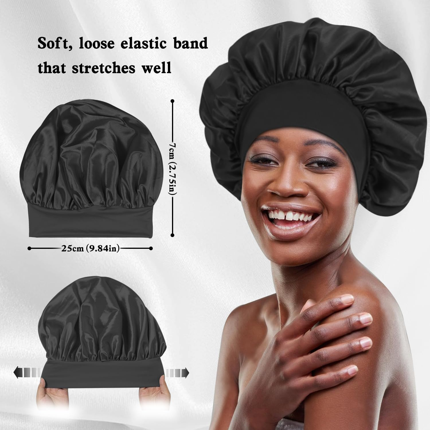 Pack of 2 Satin Hair Caps for Night, Silk Hood for Sleeping with Soft Comfort, Breathable Sleep Cap for Curls and Smooth Hair, Extra Wide Waistband (Black/Silver + 2 Hair Bobbles) image number 4
