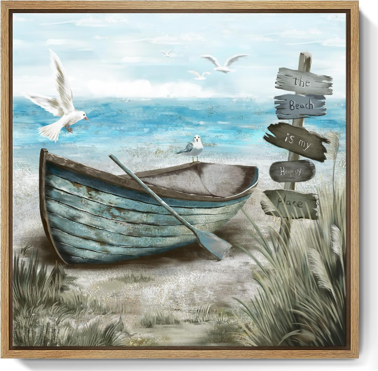 Framed Wall Art Beach D&eacute;cor Ocean Canvas Picture Coastal Artwork Sea Bird Boat Blue Tan Small Rustic Beachy Canvas Print for Bathroom Bedroom Living Room image number 2