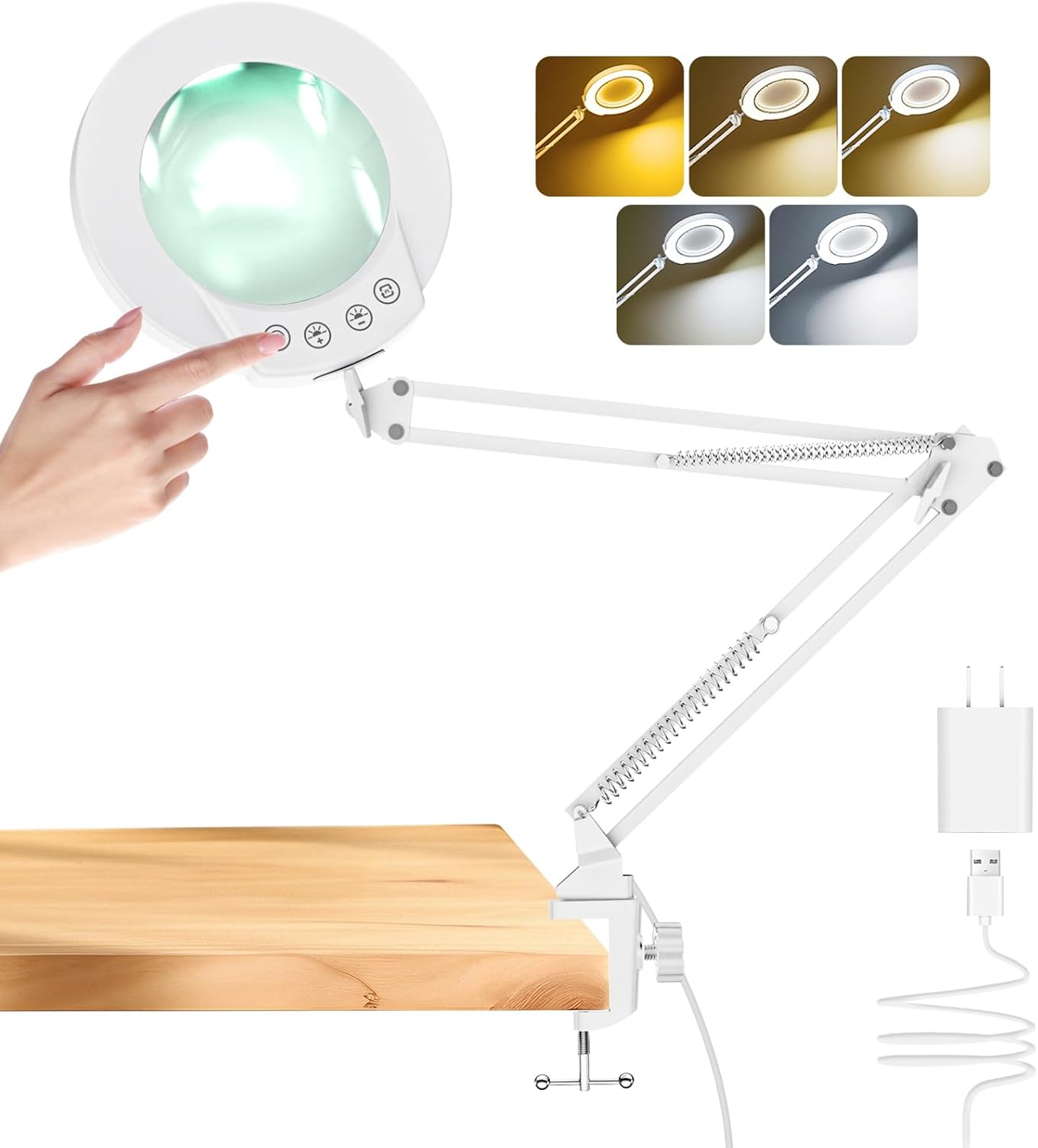 10X Magnifying Glass with Light and Clamp, Real Glass Lighted Magnifier with 5 Color Modes & Stepless Dimmable, Hands Free Desk Lamp for Hobbies, Crafts, Reading and Close Work (White) image number 2