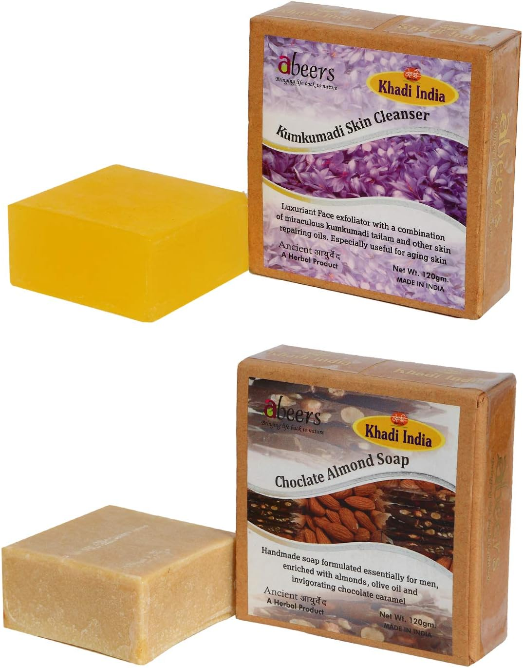 Khadi Abeers Chocolate Almond & Kumkumadi Skin Cleanser Luxury Soap, 120 G (Pack of 2)