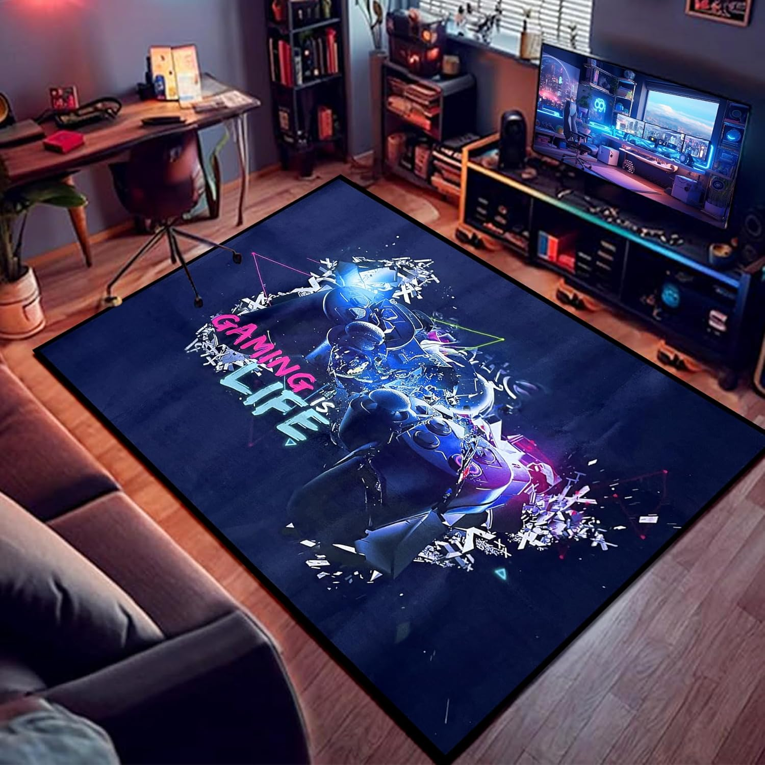 Gaming Rug for Game Room, Non-Slip Colorful Play Mat for Playroom, Gamer Controller Gamepad 3D Print Floor Carpet Activity Centerpiece Area Rugs for Boy Girls Teen Room Decor (Color 2, 120X160Cm)