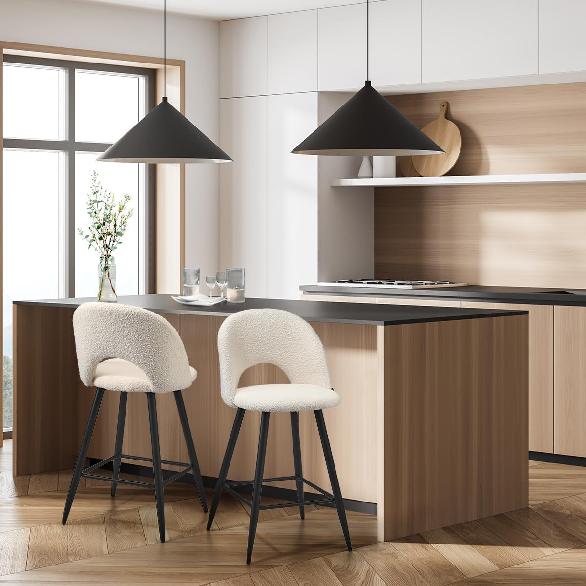 Oikiture Bar Stool Set of 2, Kitchen Counter Barstools Dining Chair Sherpa Boucle Fabric Upholstered Backrest in 59Cm Seat Height Floor for Outdoor Indoor Home Bar Dining Room Cafe, White image number 4