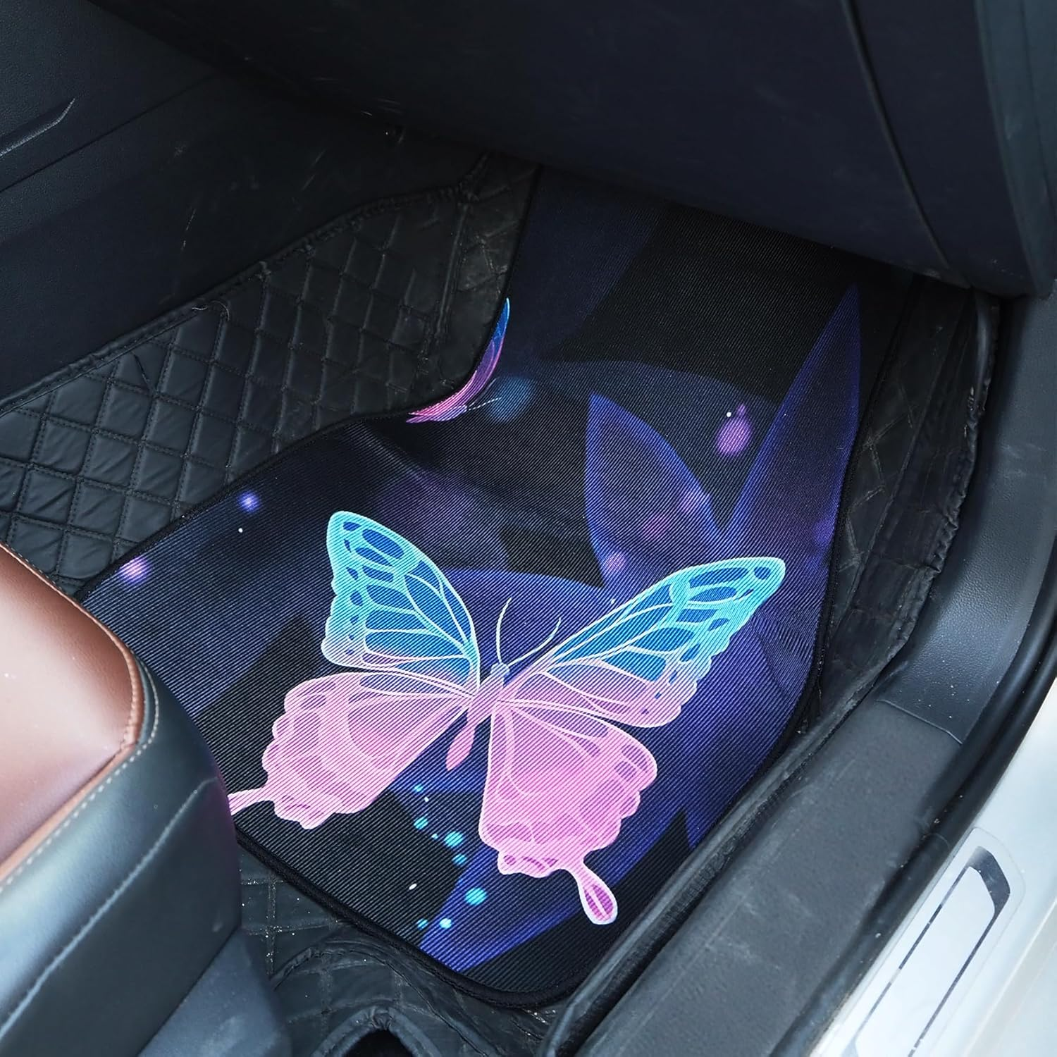 Automotive Floor Mats, Universal Fit All Weather Car Carpet Full Set, Halloween Skeletons Skull Butterfly Bats Printed Floor Mats Rugs Decor for Sedan, Suvs, Truck, Vans (Purple-Butterfly)