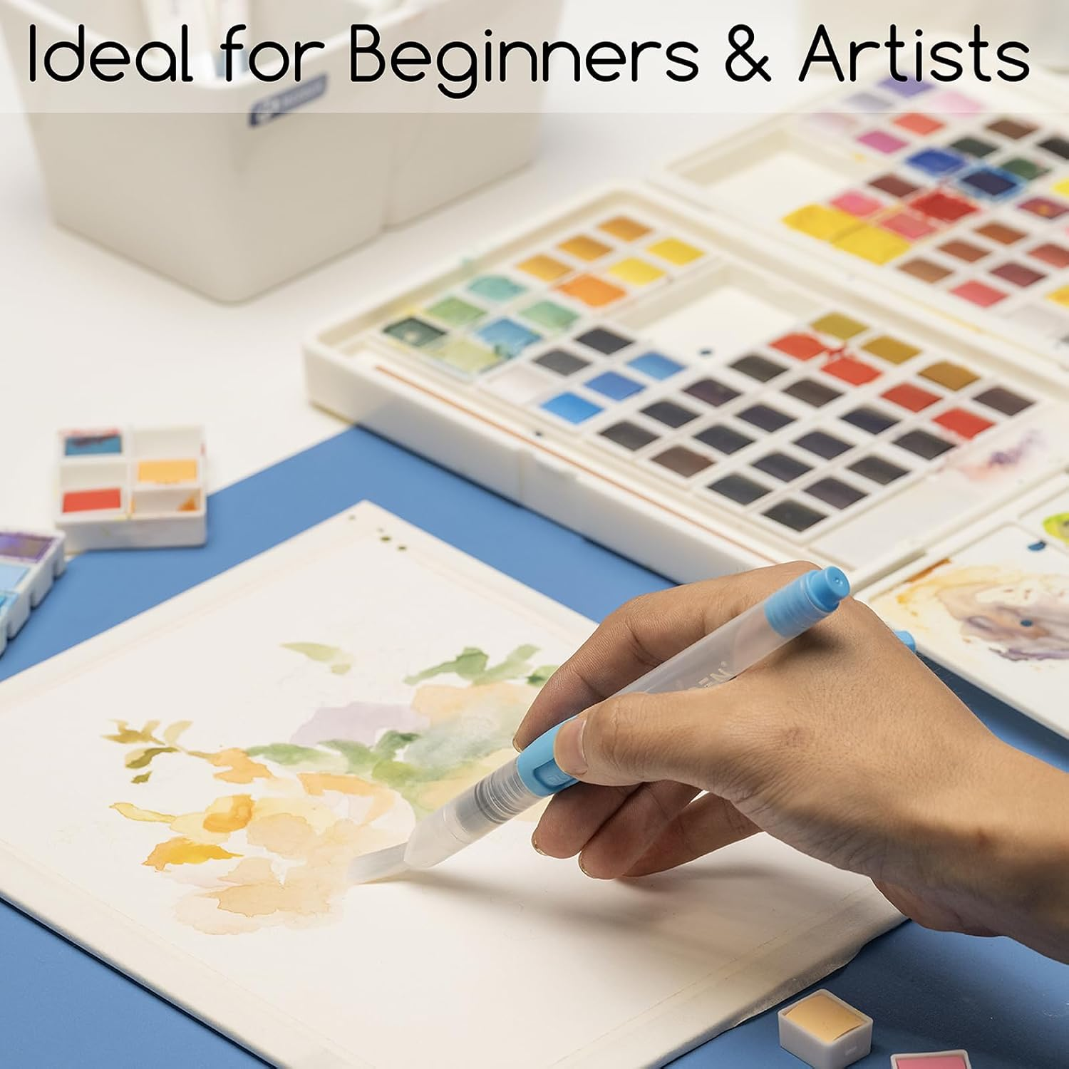 MEEDEN Watercolor Paint Set 96 Colors in Portable Box, Paint Kit with Brush, Palette and Art Supplies, Customizable Color Blocks, Travel Watercolor Set for Adult Teens Beginner Artist Professional image number 1