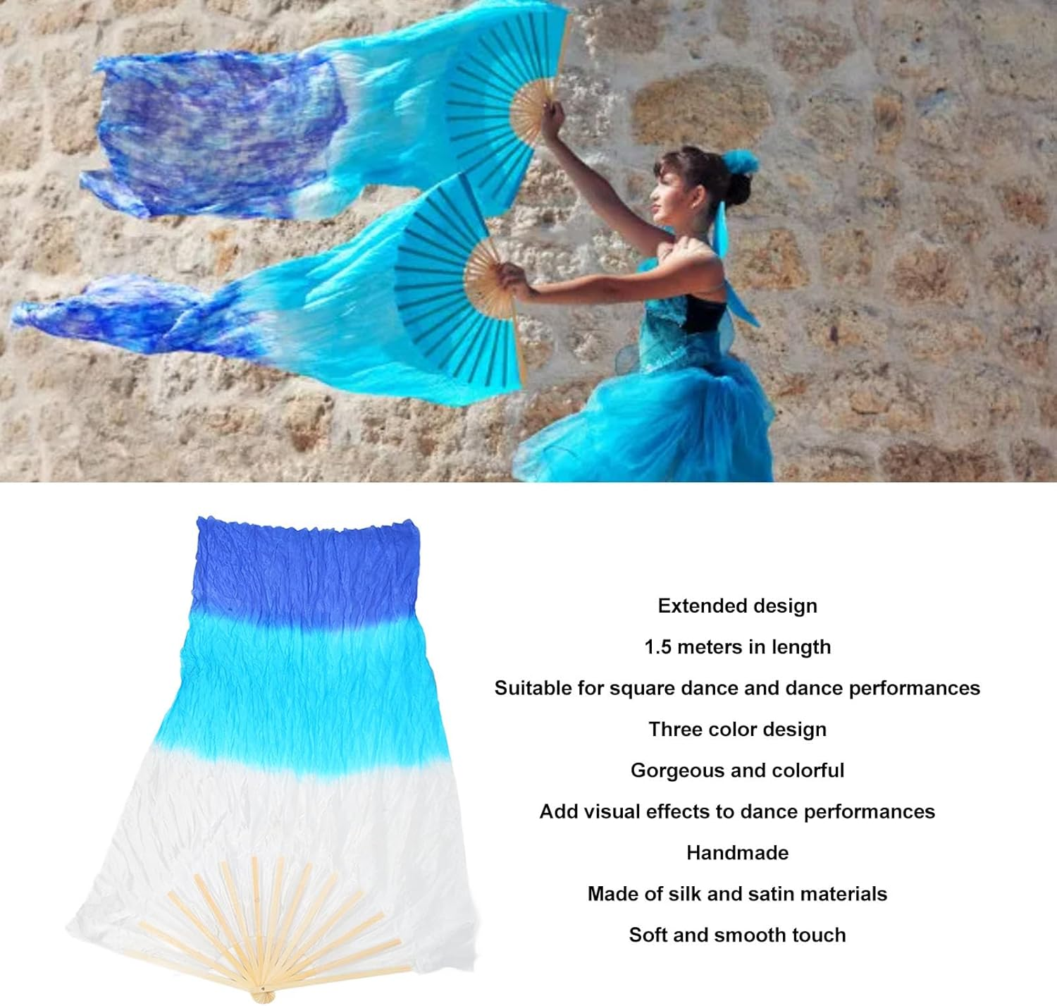 Silk Belly Dance Fan, 2Pcs 1.5M Artificial Silk Belly Dance Bamboo Fan Veils National Dance Artificial Silk Veil Fans Long Folding Imitated Silk Fans for Dancing Performances image number 3