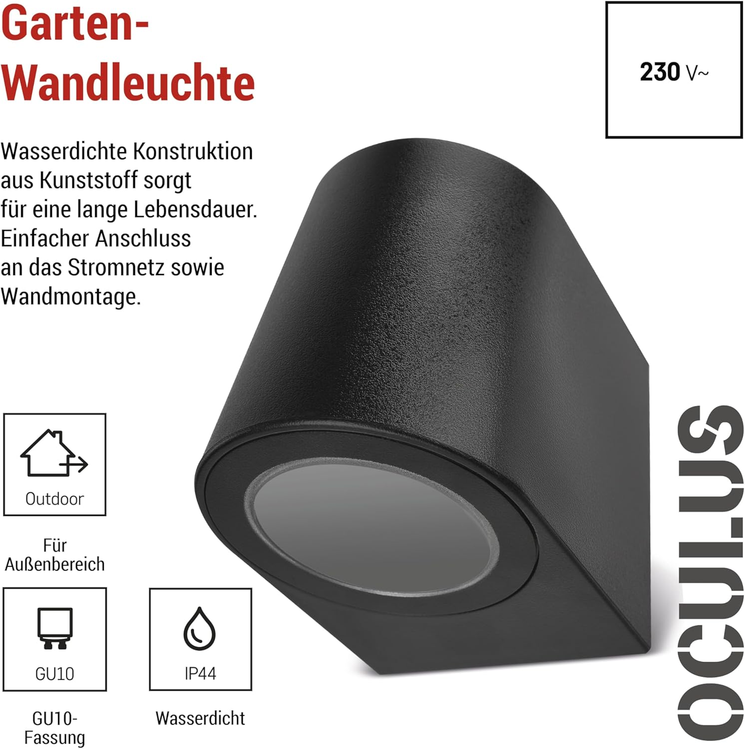 EMOS - Oculus Outdoor Wall Light for Home and Garden with 1 X GU10 Socket - Waterproof Garden Lighting for 1 Reflector Bulb Max. 35 W - Body with Plastic Housing for Mounting image number 2