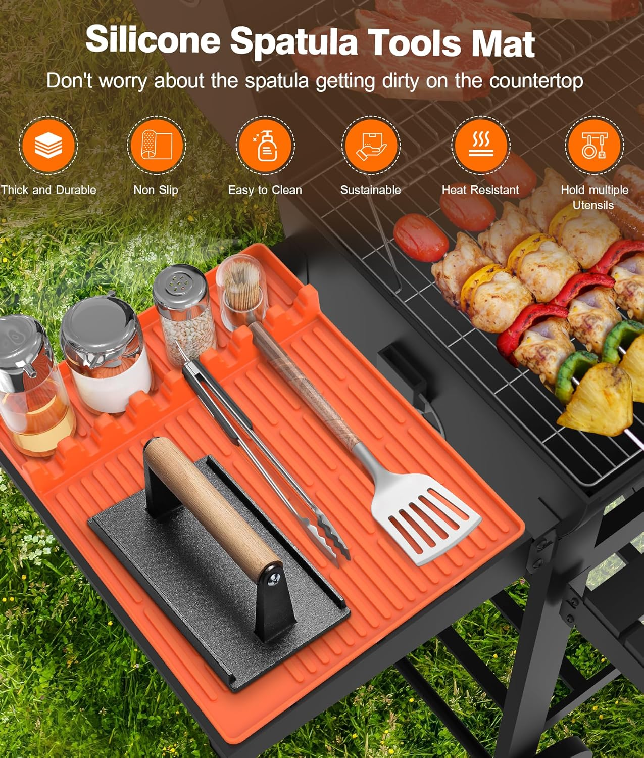 Silicone Griddle Tools Mat for Blackstone - Large Silicone Spatula Mat with Drip Pad - Griddle Mats BBQ Grill Accessories - Side Shelf Mats Grill Pad for Blackstone Griddles Accessories (Orange) image number 6