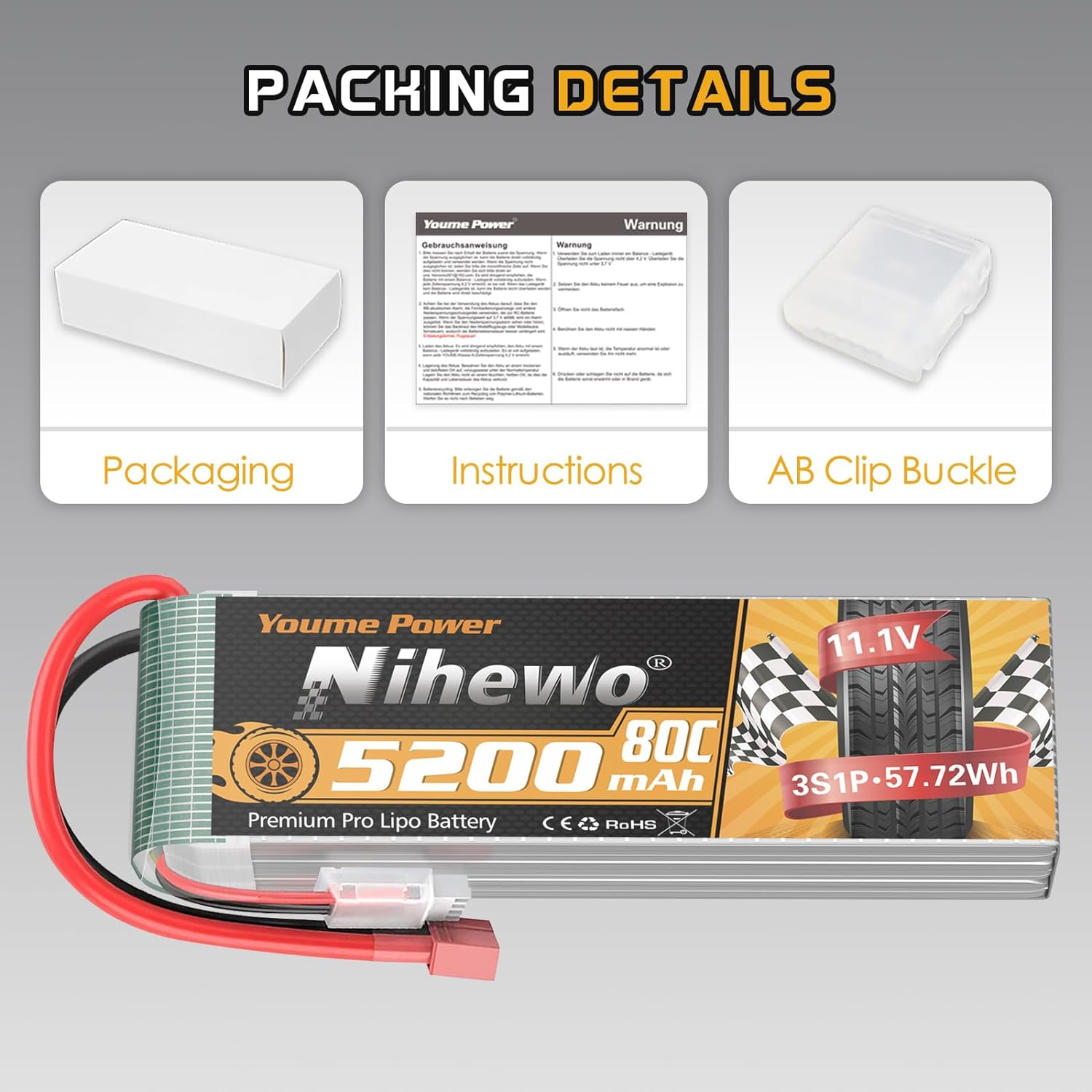 2Packs 3S Lipo Battery, RC Lipo Battery 11.1V 5200Mah 80C Deans T Connector Compatible with 1/8 1/10 RC Car Truck Truggy Vehicles Tank Boat Airplane Helicopter Models image number 5