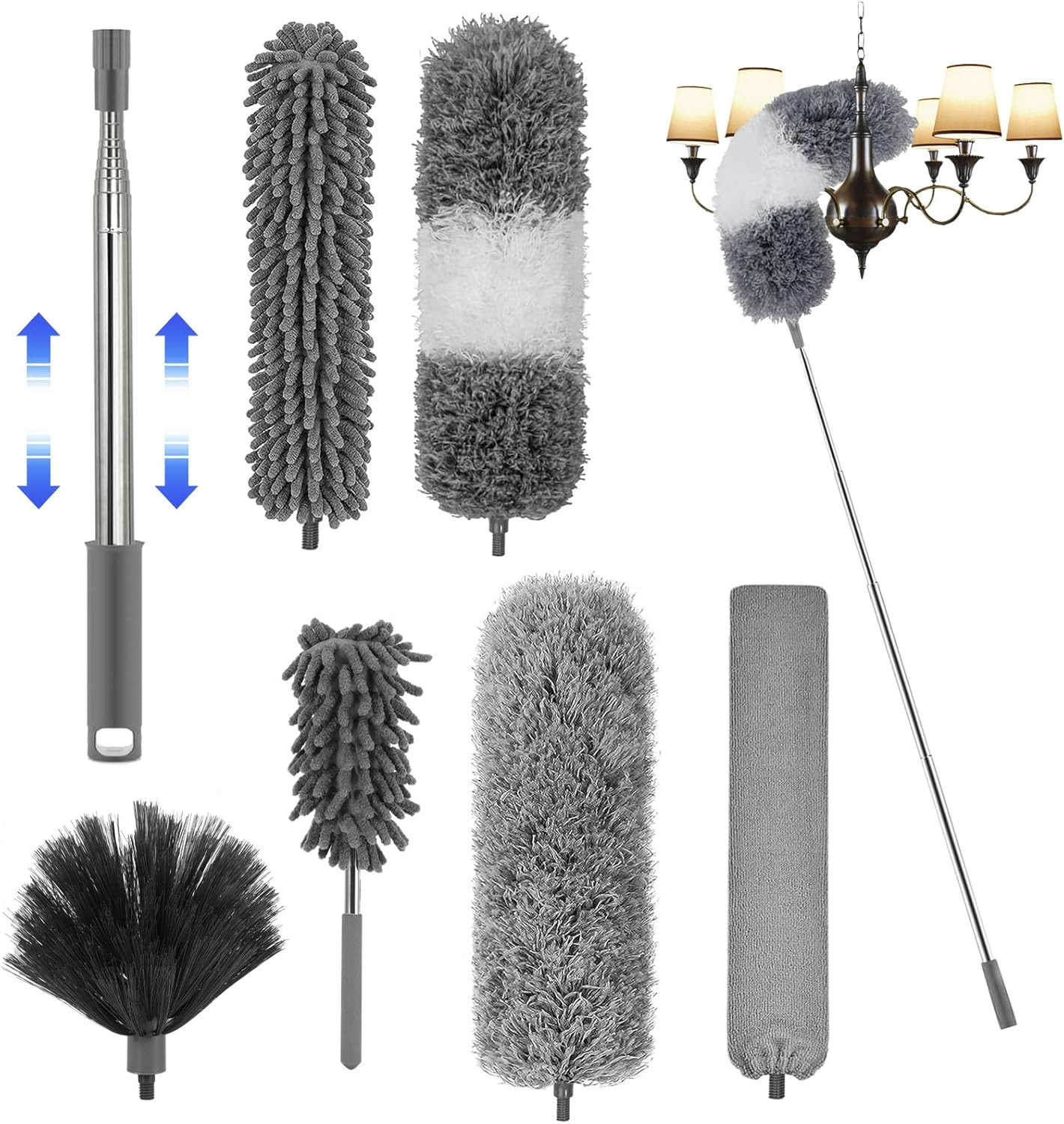 BTBHIHO Pack of 7 Telescopic Washable Duster, Microfibre Duster, Can Be Extended to 2.8 Metres, Spider Web Remover, Dust Brush, Dust Brush for Gaps Ceilings, Cobwebs, Grey image number 6