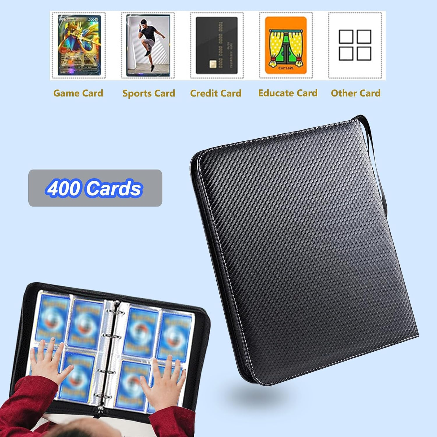 4 Pocket Trading Card Binder Fits 400 Cards, Waterproof 3-Ring Card Collector Album Expandable Card Holder Card Book with 50 Sleeves for Standard Size Cards Sports Cards Gaming Cards Baseball Cards image number 1