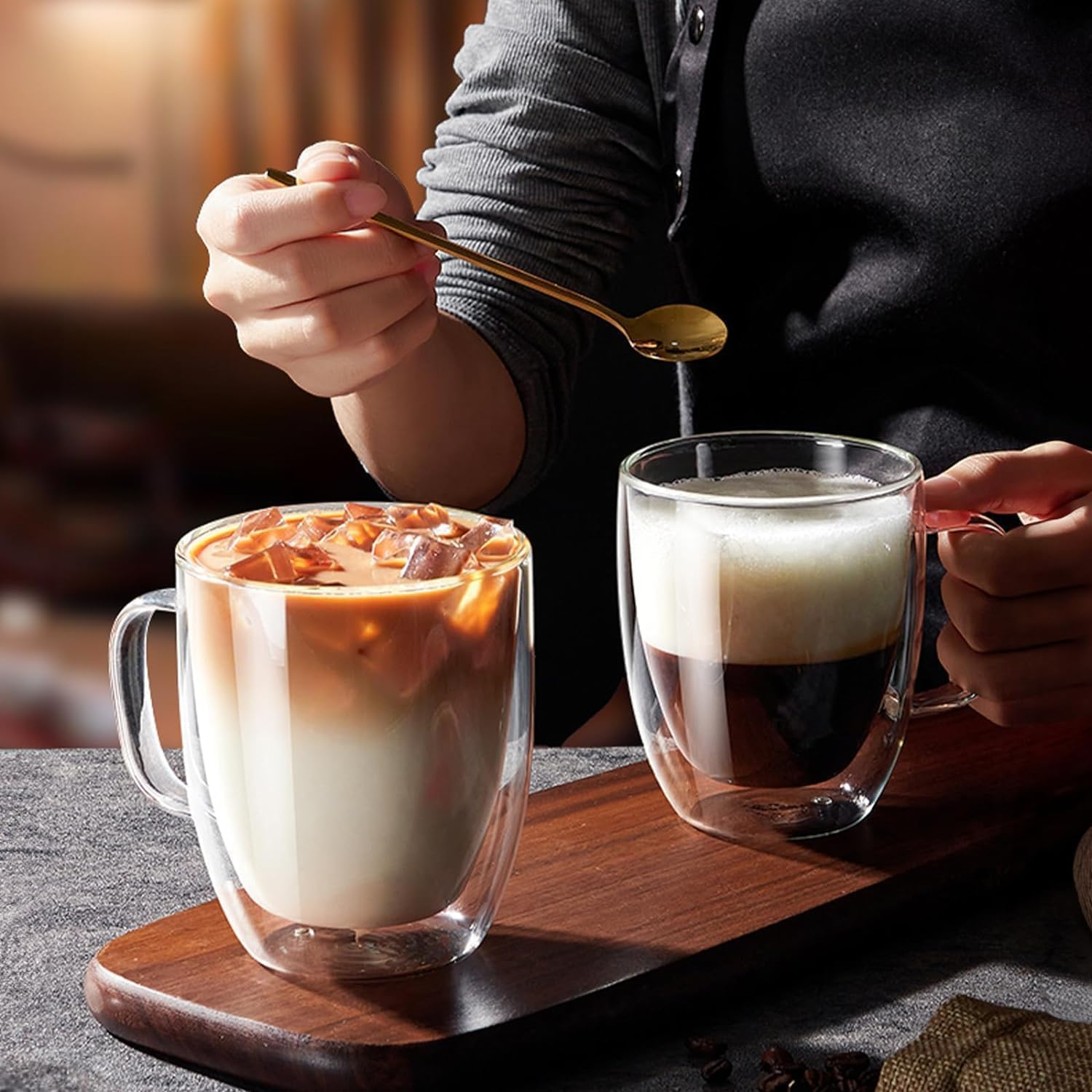 4 Pack Glass Coffee Mugs 350Ml Double Wall Insulated Mug Set with Handle,Clear Glass Espresso Mugs Latte Cups for Cappucchino Espresso Tea Coffee image number 1