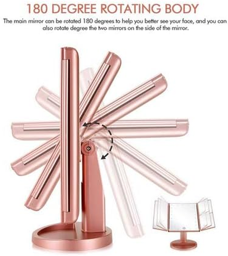 Makeup Vanity Mirror with Lights,1X 2X 3X Magnification, 21Leds Light and Touch Screen,180 Degree Rotation,Dual Power Supply, Portable Trifold Travel Cosmetic Makeup Mirror