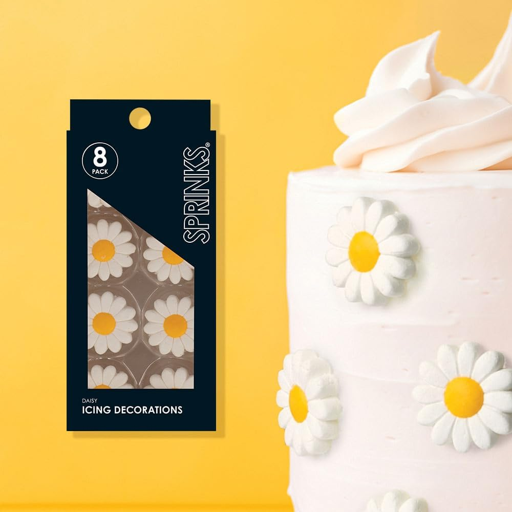 Sprinks Daisy Icing Decorations | 8 Piece Set | Edible Flower Topping for Cakes Cupcakes and Cookies | Perfect for Birthdays and Themed Parties