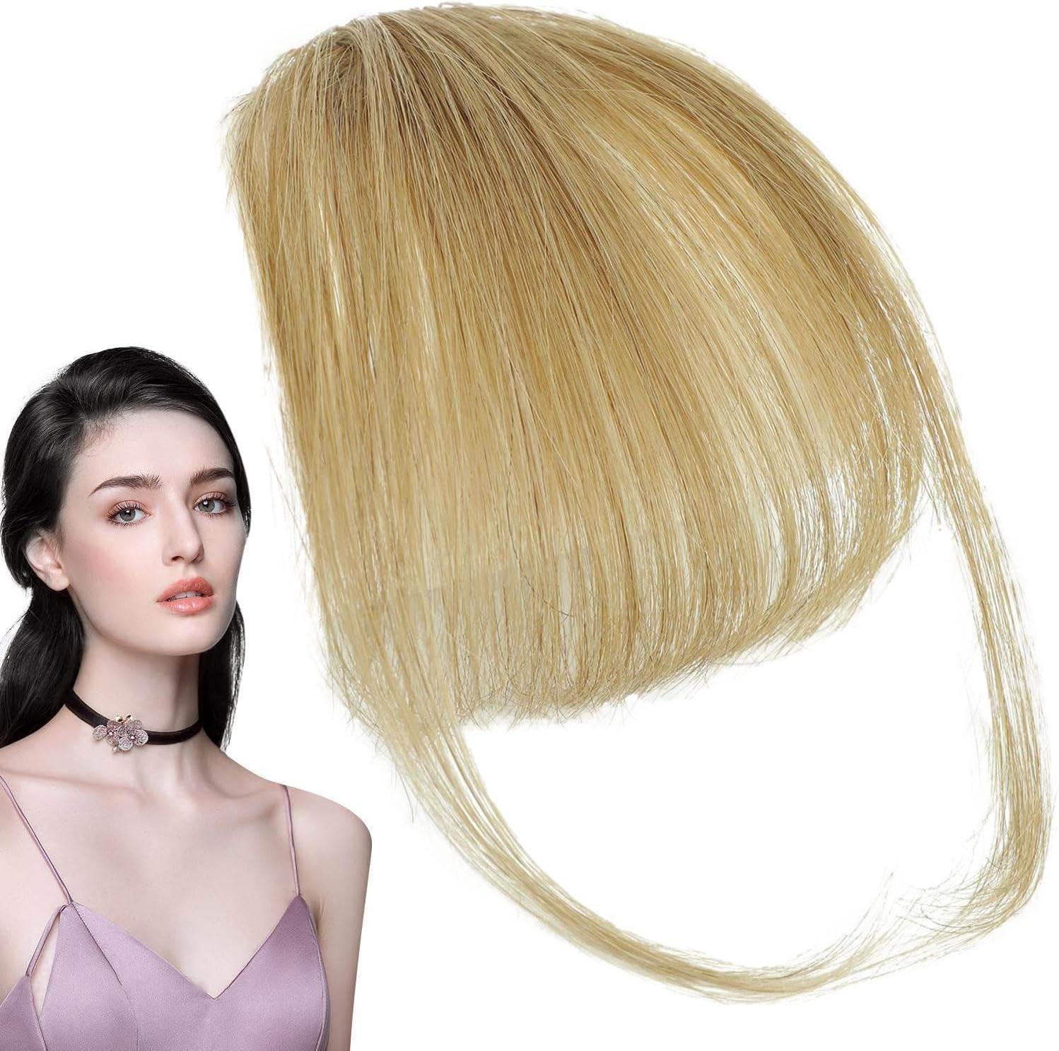 Mivpzisk Clip on Bangs Human Hair, Women Human Hair Dim Bangs, Clip in Bngs on Wispy Fringe with Temples Hairpieces, Stylish Natural Color Fringe Hairpieces - 613 image number 2