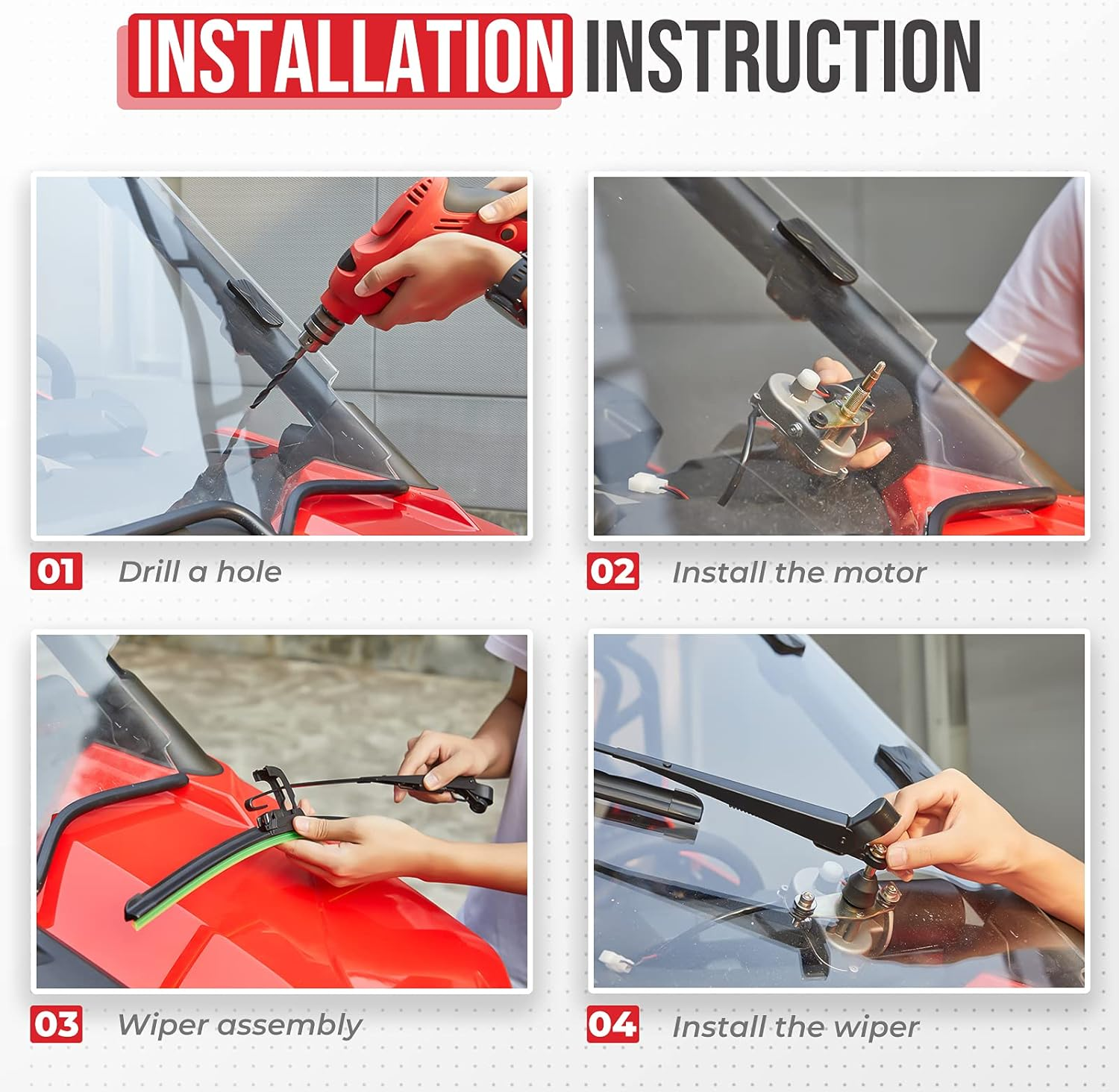 KEMIMOTO UTV Electric Windshield Wiper Motor Kit for Most UTV Compatible with Can Am Defender Pro Compatible with Mule Teryx 16" 12V Wiper Blade image number 6