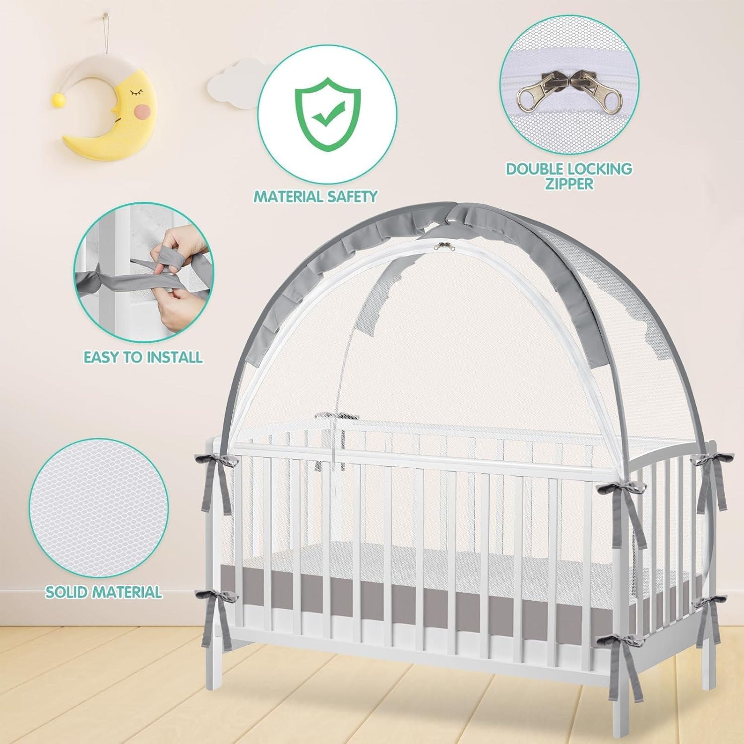 Dsocool Crib Tent - Keep Baby In, Stop Climbing Out, Pop up with Durable Breathable Net, Double Zipper, Strong Rods, Easy Installation (Grey) - Grey image number 2