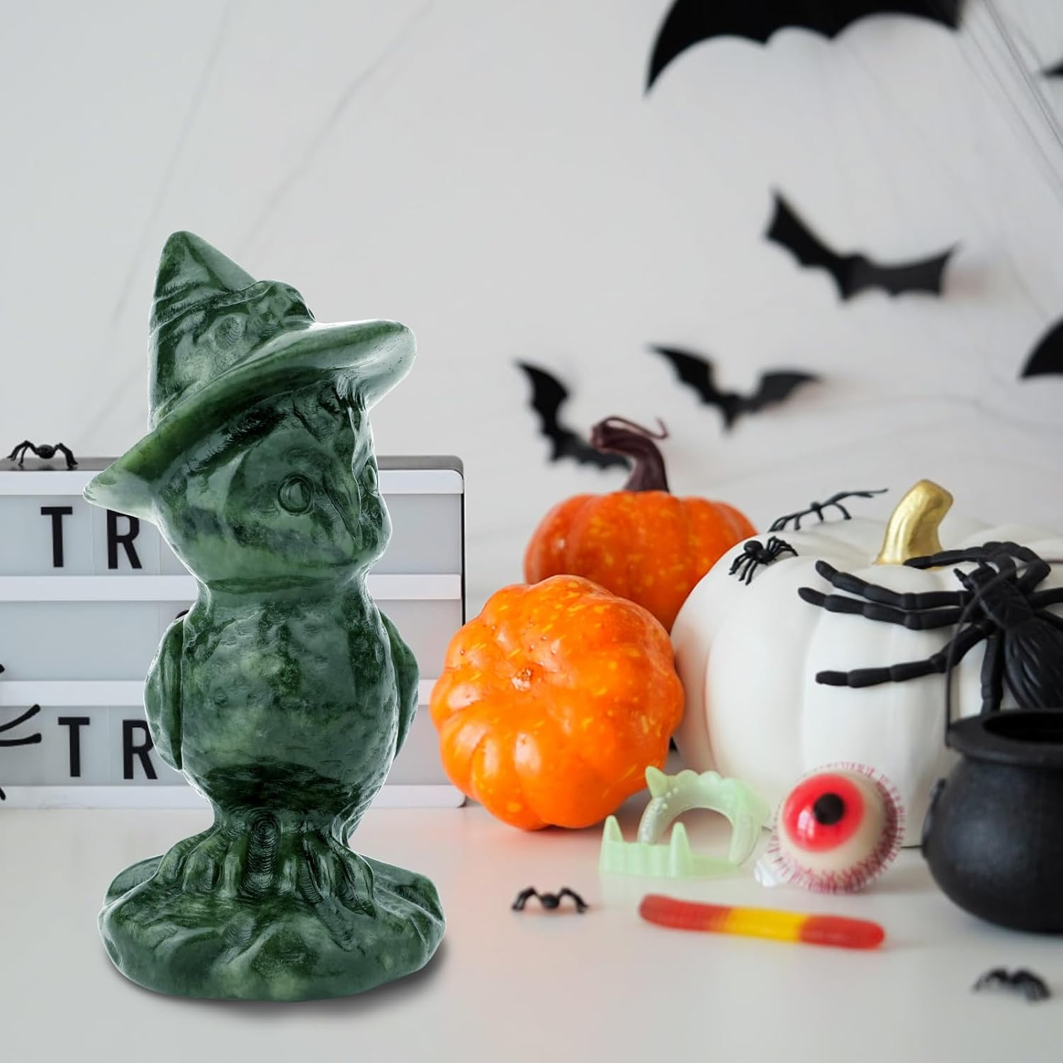 Gemshan Owl Statue for Halloween Decorations,Jade Animal Statue with Wizard Hat Sculpture Spooky Halloween Decor for Home Table Tray Shelf image number 6