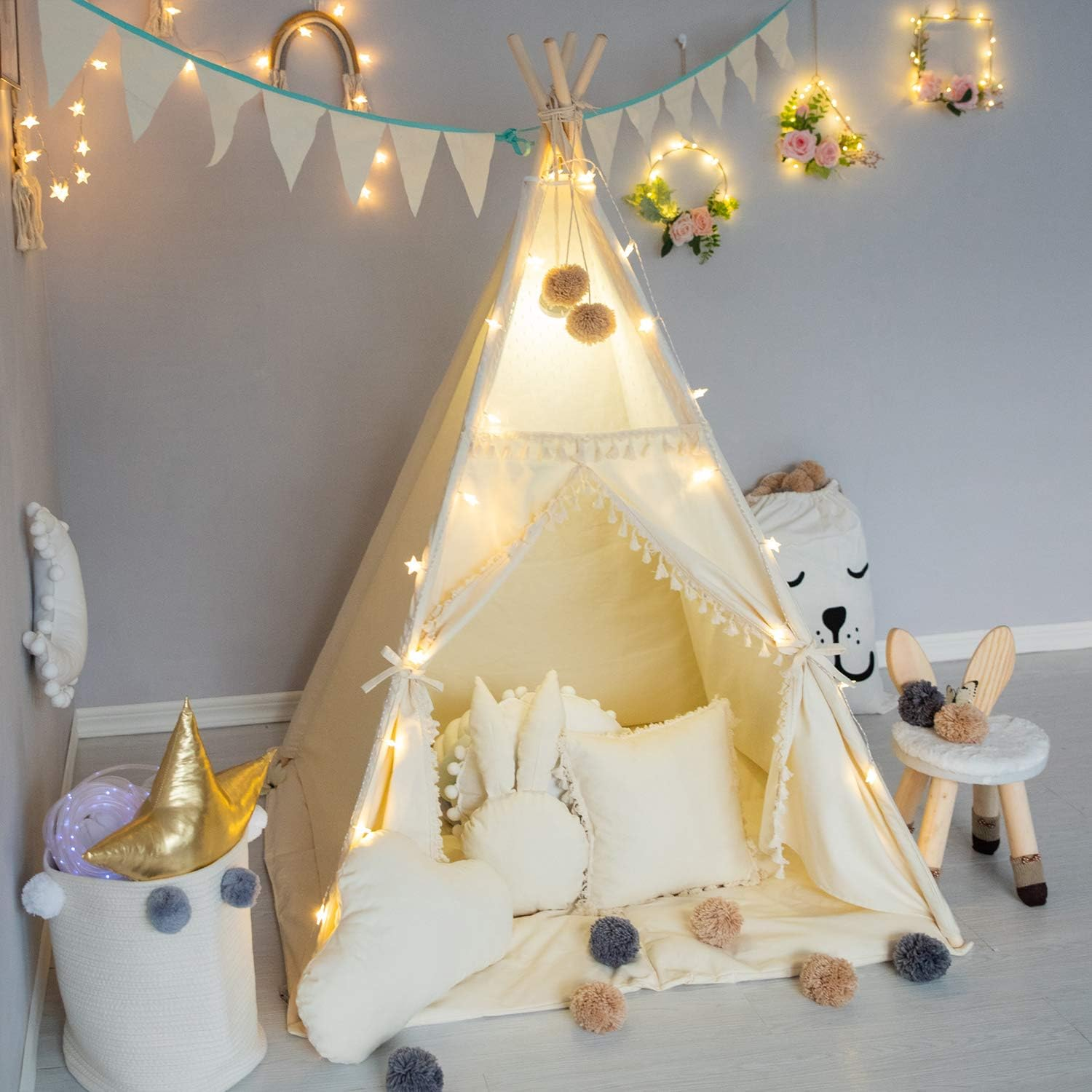 Kids Teepee Tent with Padded Mat, Banner, Fairy Lights, Yarn Ball, Carry Bag, Beige Cotton Canvas Play Tent for Child with Tassels Lace, Play House Tipi for Kids Room Decor