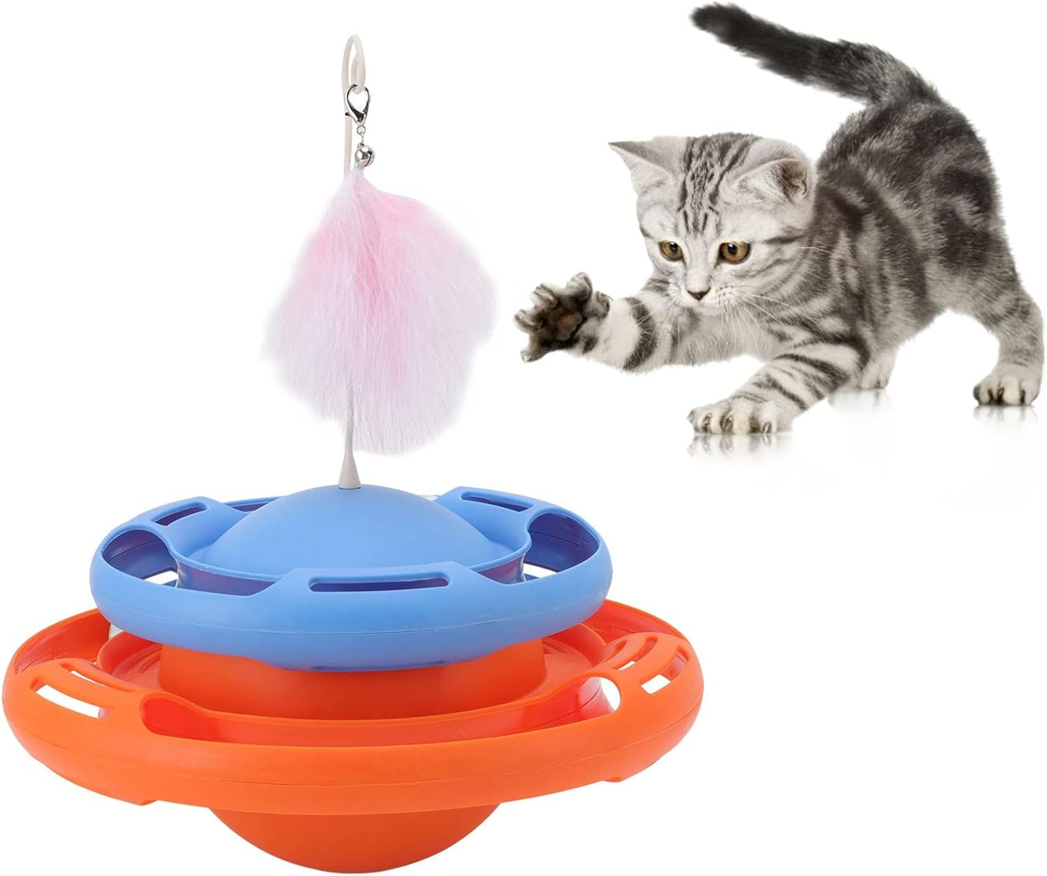 Cat Turntable Toys, Multifunctional Puzzle Interactive Cat Roller Tracks Ball with Cat Teasing Stick, round Base Cat Roller Toy Non Tumbling Function Scratching Cat Toys for Cats image number 3