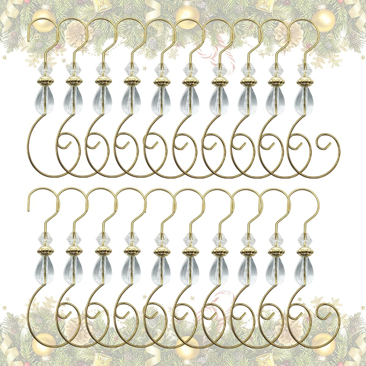 20 Pcs Christmas Ornament Hooks Beaded Hangers Gold S-Shaped Hangers Hook with Acrylic Wire Crystal Beads Metal Decoration Hooks for Christmas Tree Xmas Party Home Decor (Clear) image number 3