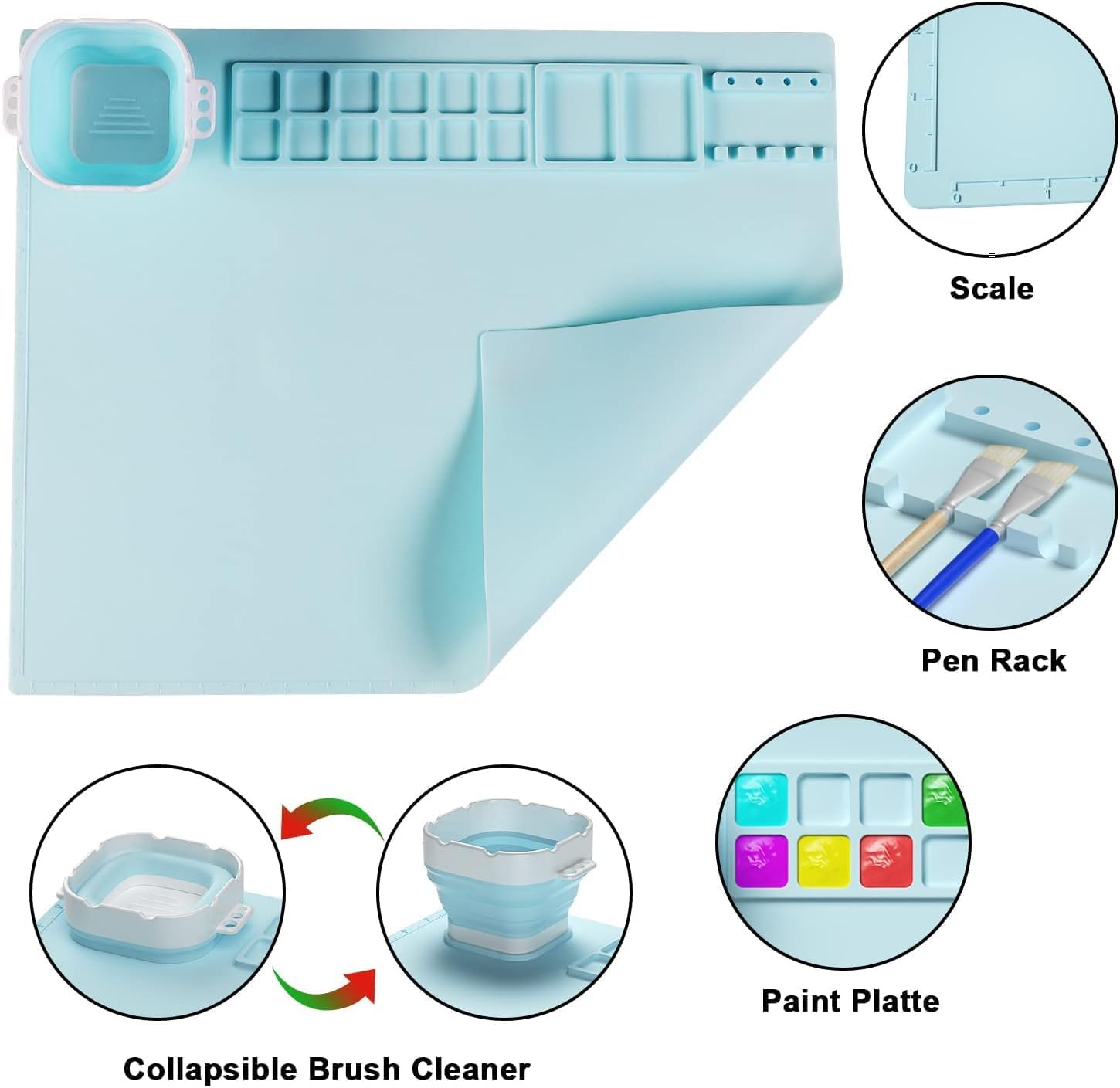 Silicone Craft Mat, 20&times;16 Inches Silicone Painting Mat with Water Cup and Paint Holder, Silicone Artist Mats for Crafts, Painting, Art, Clay, Silicone Sheets Creater Mat for DIY Projects (Blue) image number 2