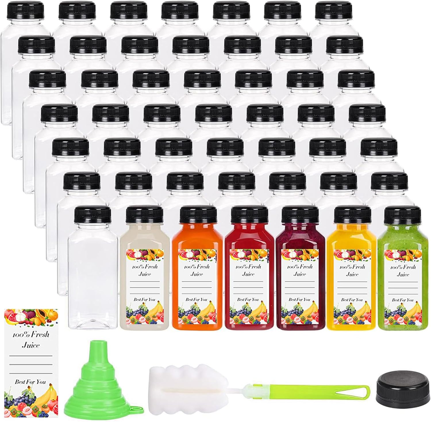 FORYUSE 50Pack 250Ml Plastic Juice Bottles with Caps Clear Reusable PET Containers for Juicing, Milk, Smoothie, Drink with Tamper Proof Lids, Labels, Bottle Brush image number 5