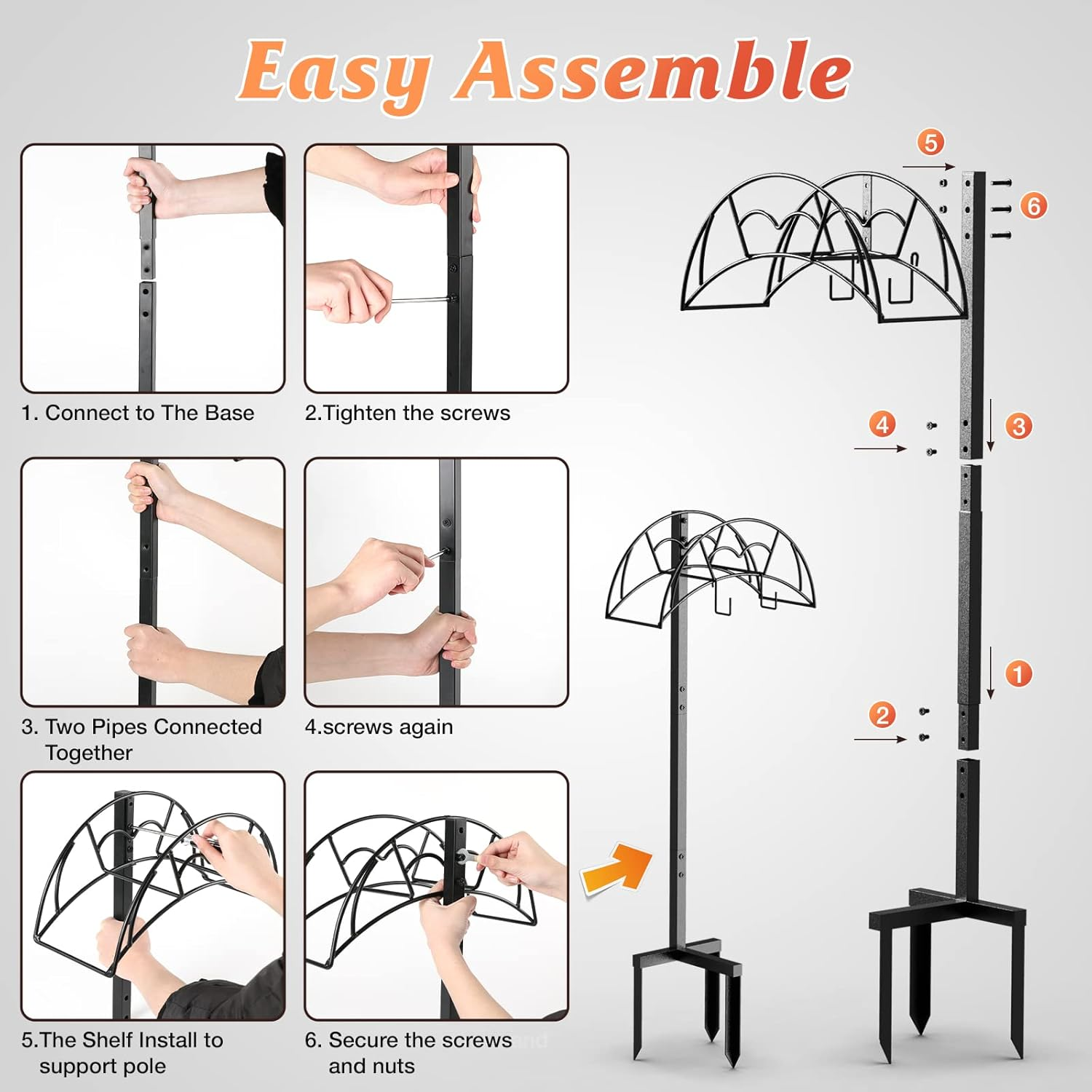 Vygrow Garden Hose Holder Freestanding, Heavy Duty Metal Water Hose Holders for Outside, Detachable Garden Hose Storage Stand Rack, Black