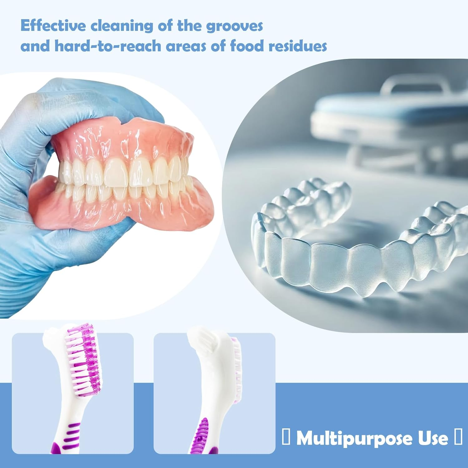 4 Pcs Denture Cleaning Brush and 1 Pcs Storage Case, Portable Denture Toothbrush, Retainer Brush With, Double Sided Toothbrush (4 Colors and Blue) image number 3