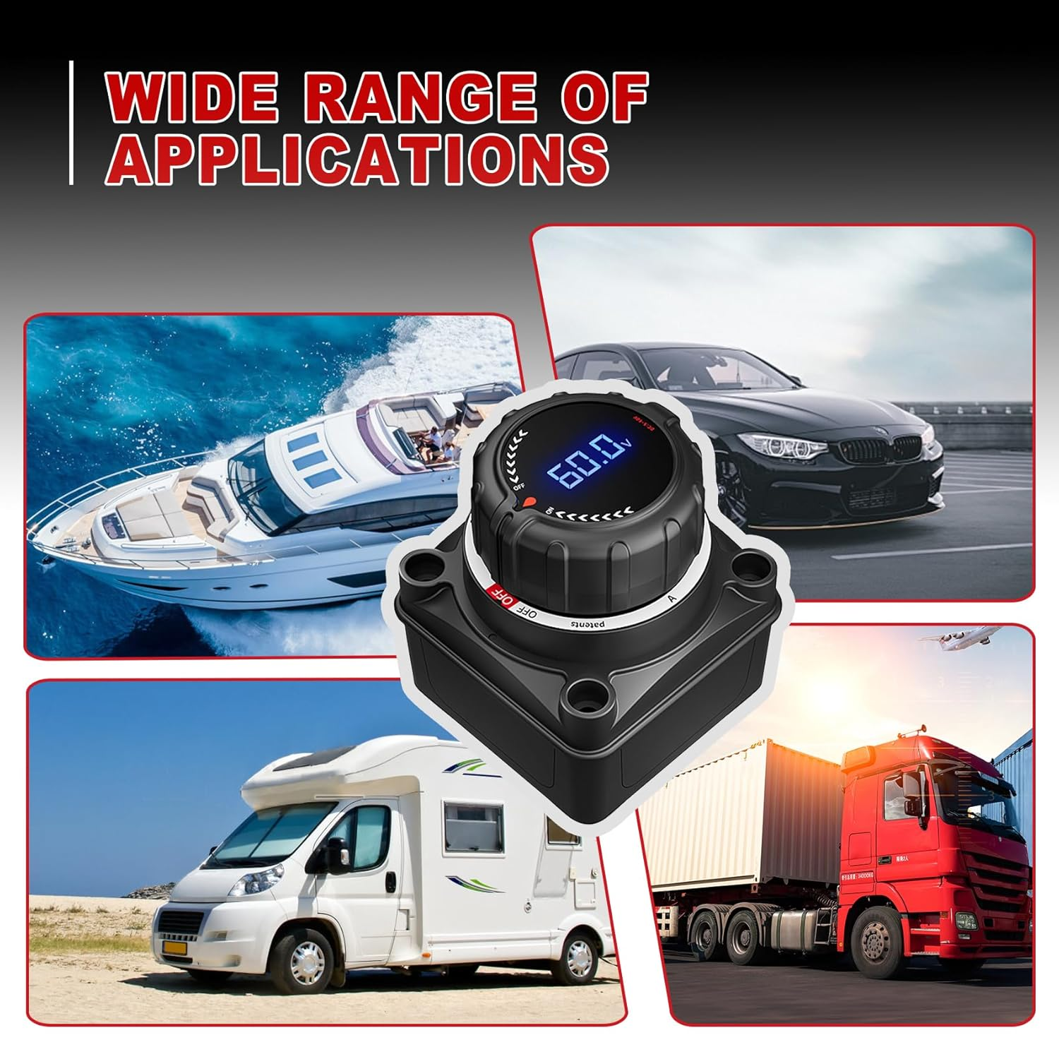 Upgrade Battery Disconnect Switch with Digital Voltage Display, DC 5-60V, Power Master Isolator Cut off Switch for Car Truck Marine Boat RV Camper Trailer, Black (On/Off)