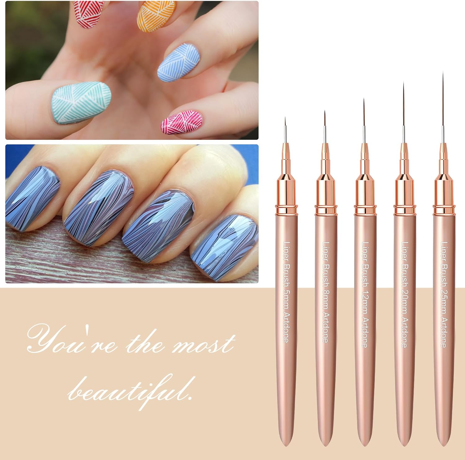 Artdone Metallic Nail Art Pens, Liner Brushes Set, 5PCS Copper Color Nail Tools for Long Lines, Thin Details, Fine Drawing, Liner Brush UV Gel Polish Painting Nail Design Sizes 5/8/12/20/25Mm